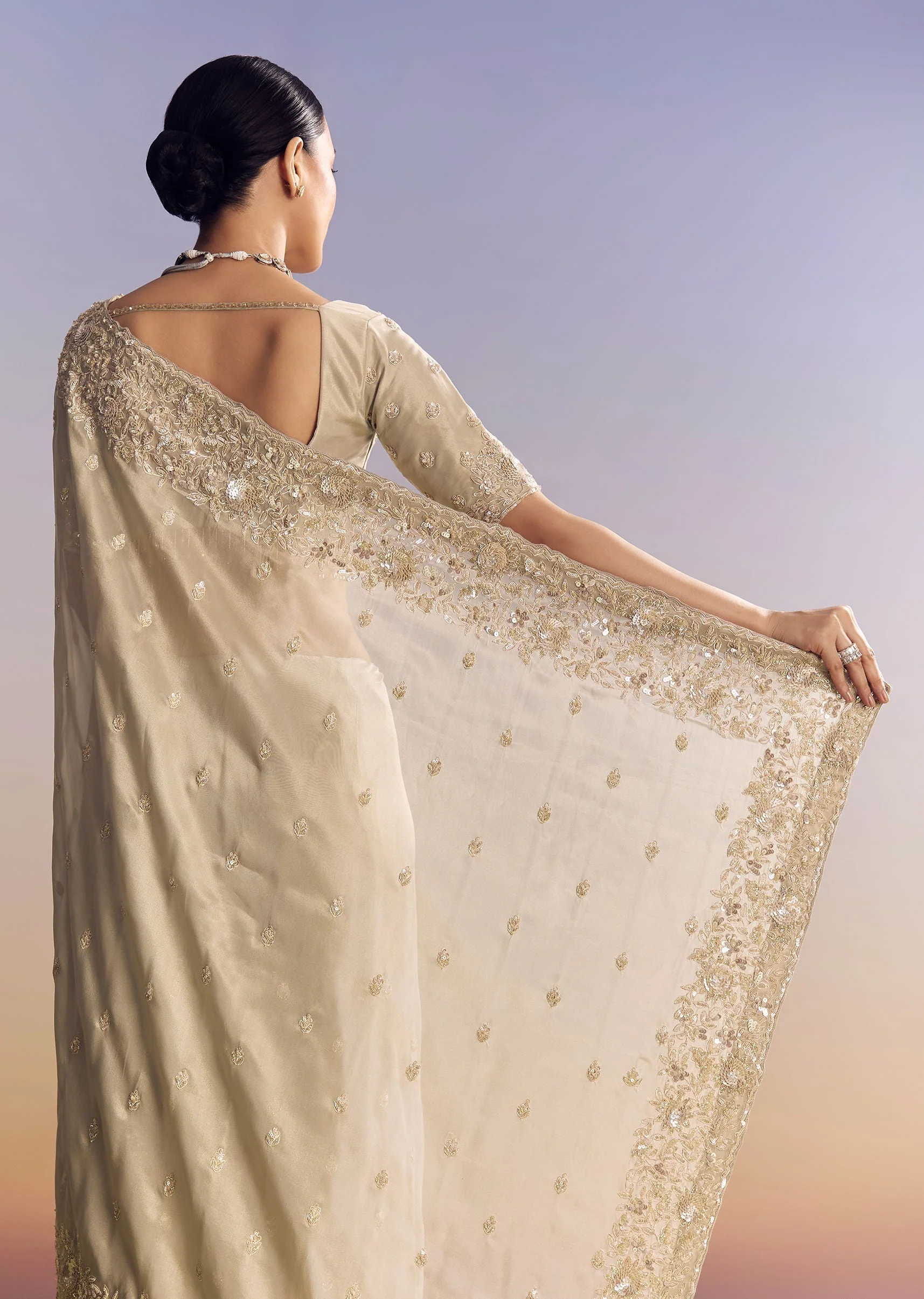 Silver Tissue Saree Embellished With Beads And Sequins - Image 6
