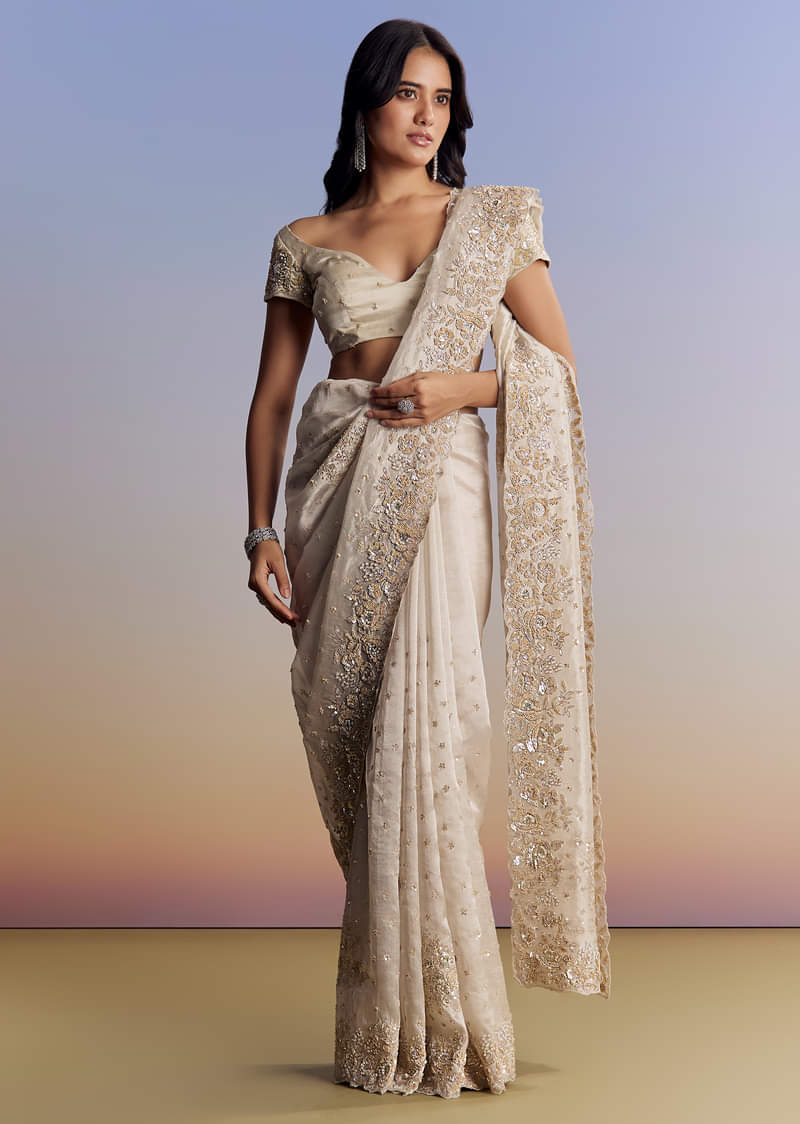 Silver Tissue Saree With Floral Cut Dana Embroidery - Image 3