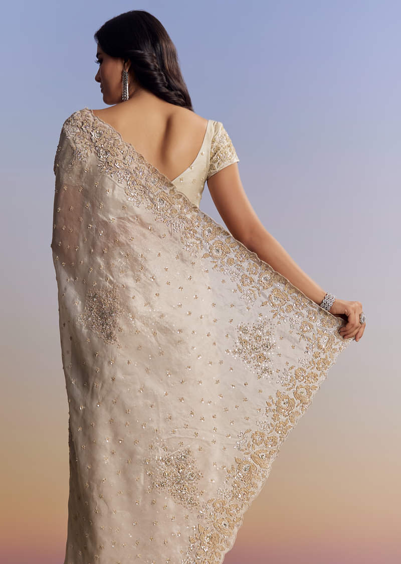 Silver Tissue Saree With Floral Cut Dana Embroidery - Image 4