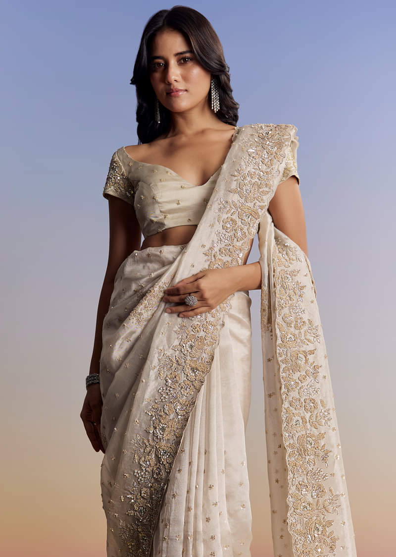 Silver Tissue Saree With Floral Cut Dana Embroidery - Image 5