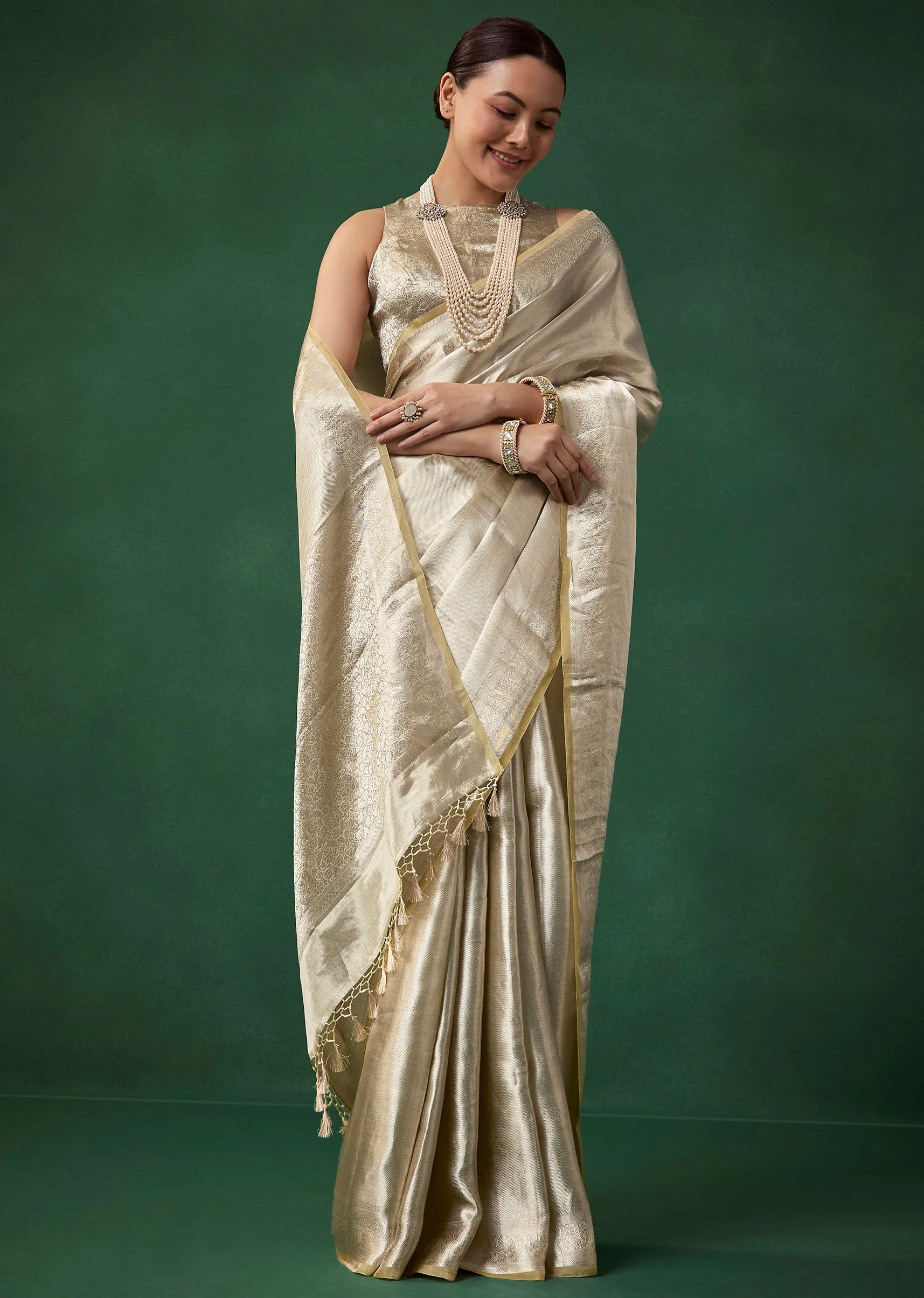 Silver Tissue Silk Woven Saree with Unstitched Brocade Blouse - Image 3