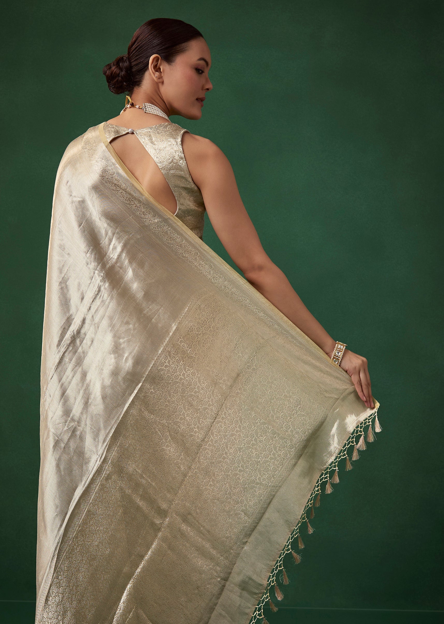 Silver Tissue Silk Woven Saree with Unstitched Brocade Blouse - Image 6