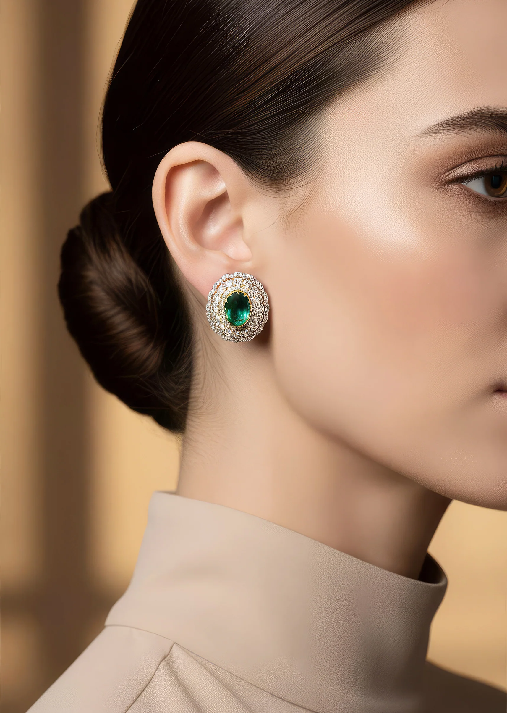 Silver Toned Earrings In Statement Style With Green Stone And Cubic Zirconia Detailing