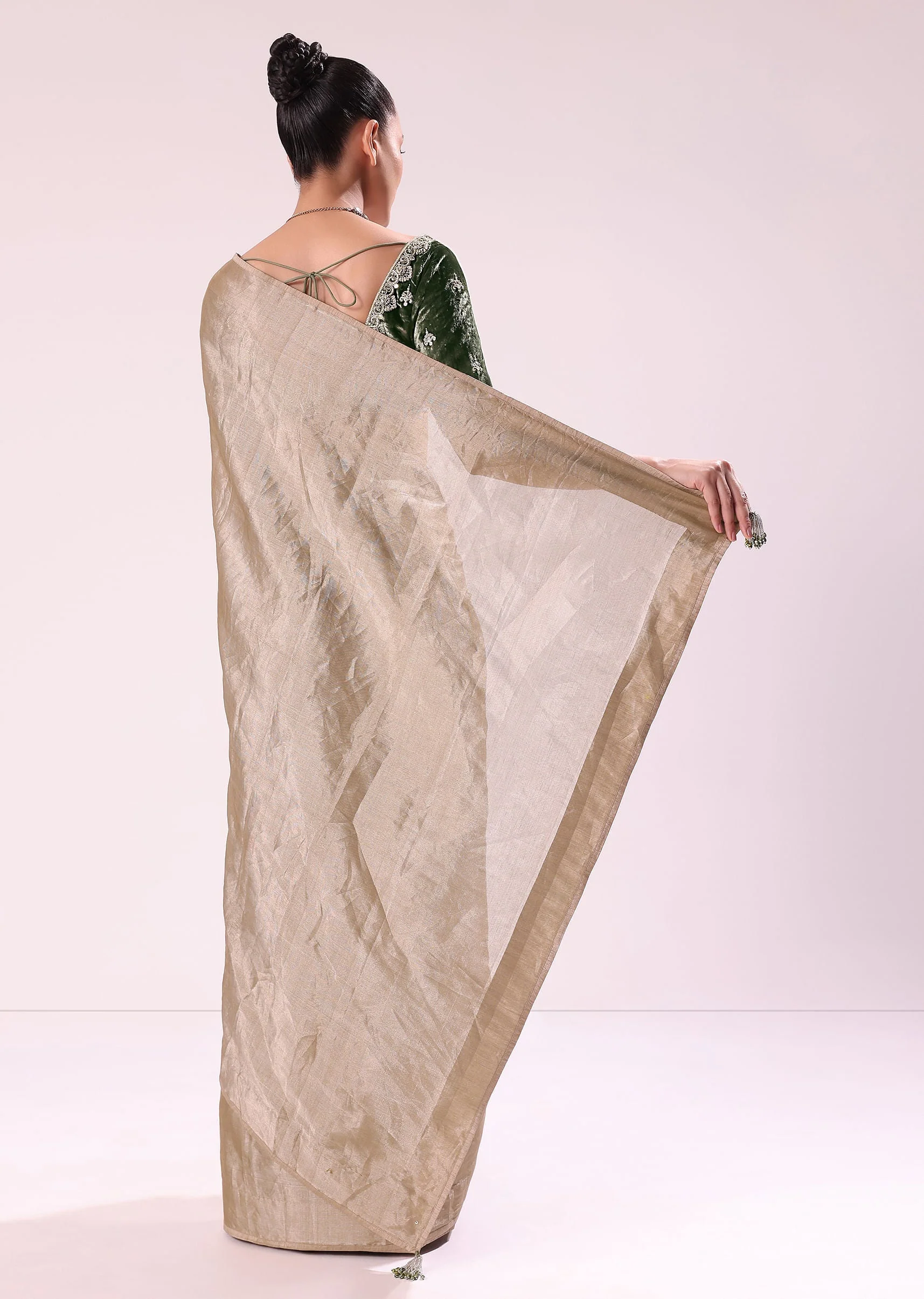 Silver Zari Tissue Saree With Embroidered Emerald Green Stitched Blouse - Image 4