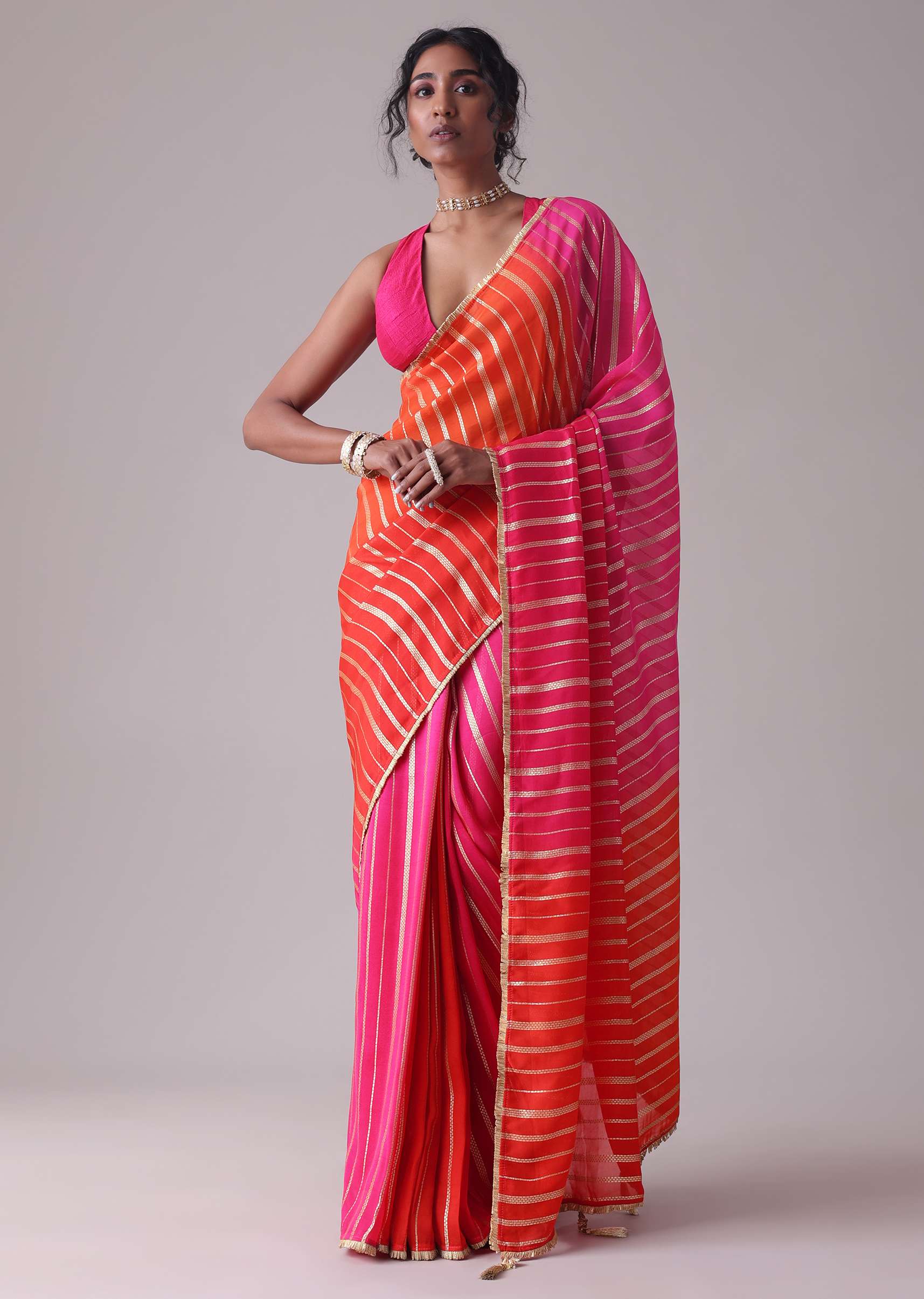 Ski Patrol Red Woven Ombre Saree In Organza - Image 3