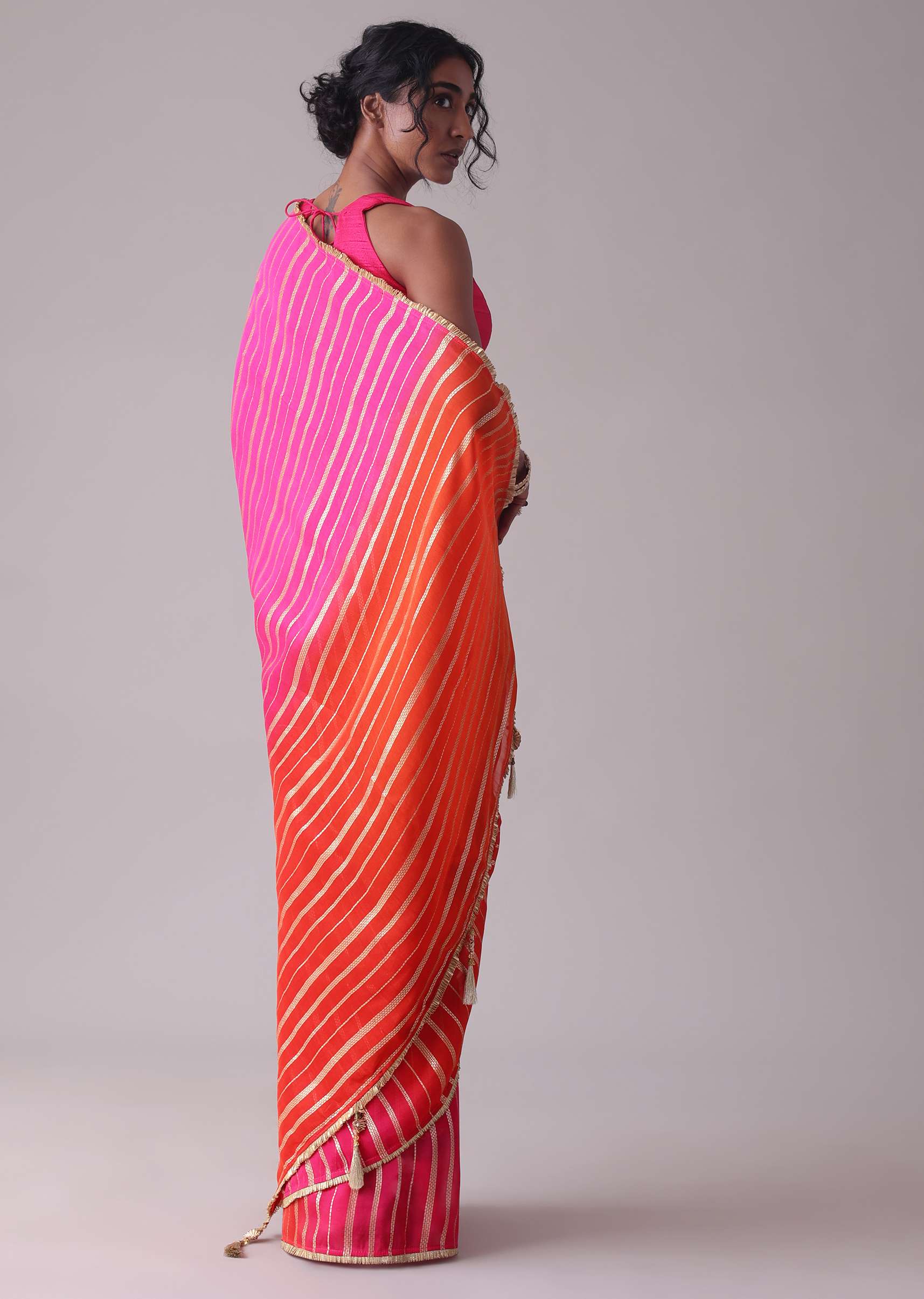Ski Patrol Red Woven Ombre Saree In Organza - Image 5