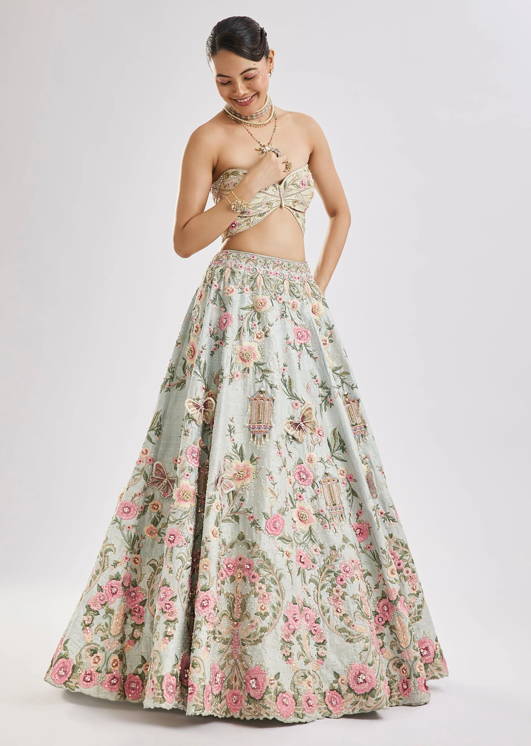 Sky Blue Butterfly Blouse Lehenga Set - Image 4