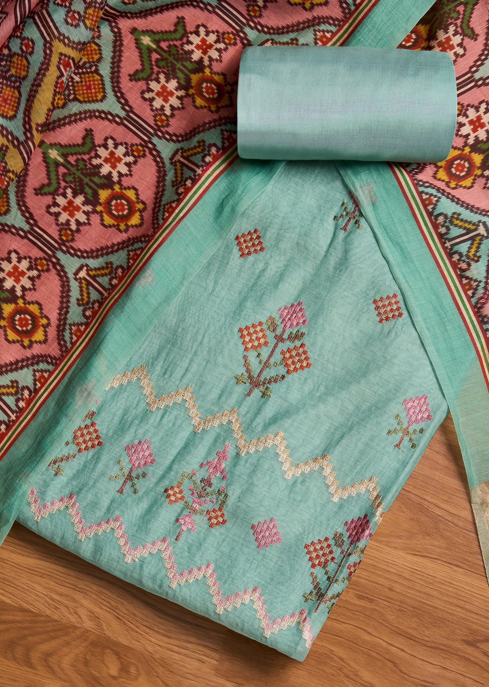Sky Blue Chanderi Unstitched Suits And Dupatta
