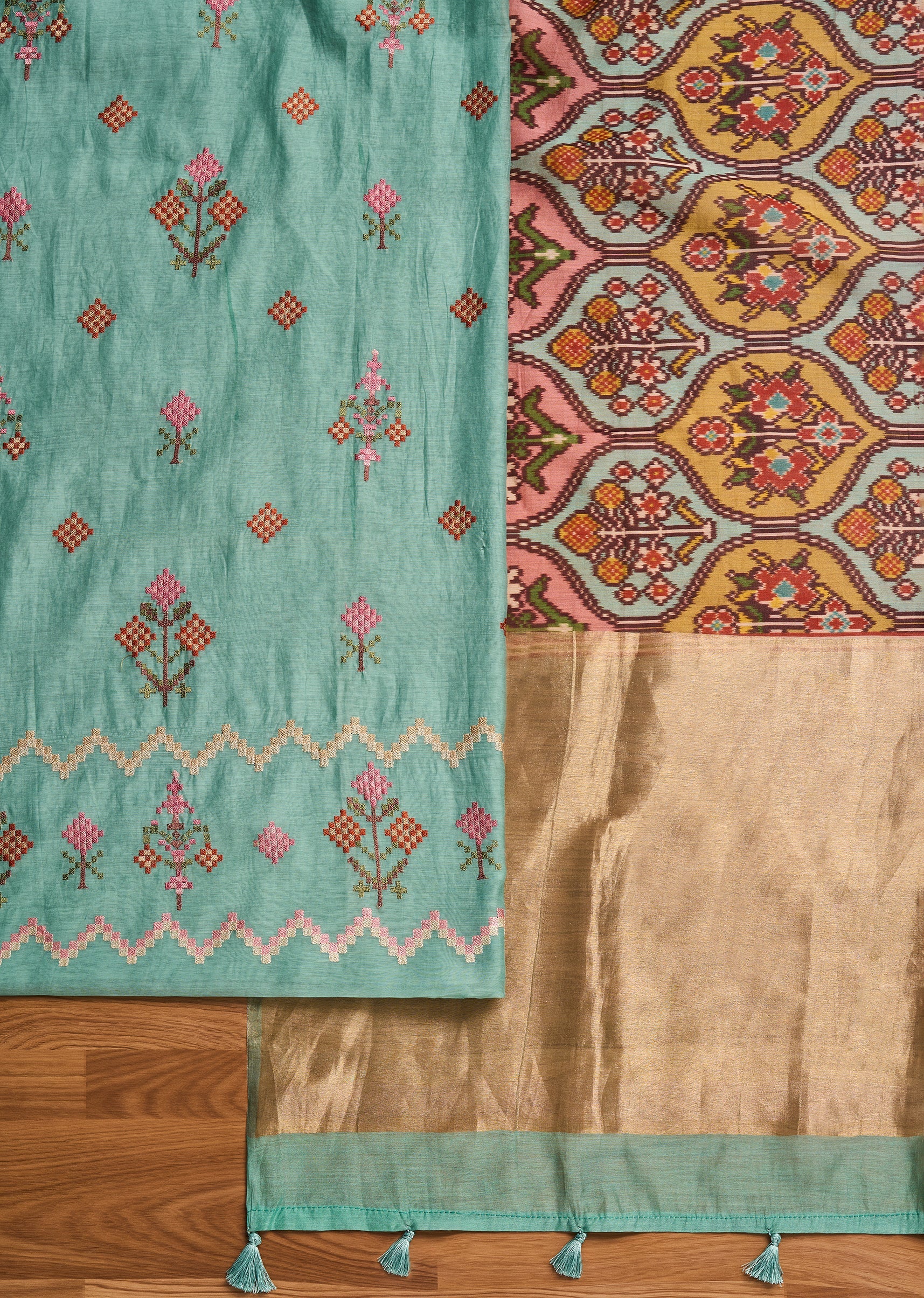Sky Blue Chanderi Unstitched Suits And Dupatta - Image 3