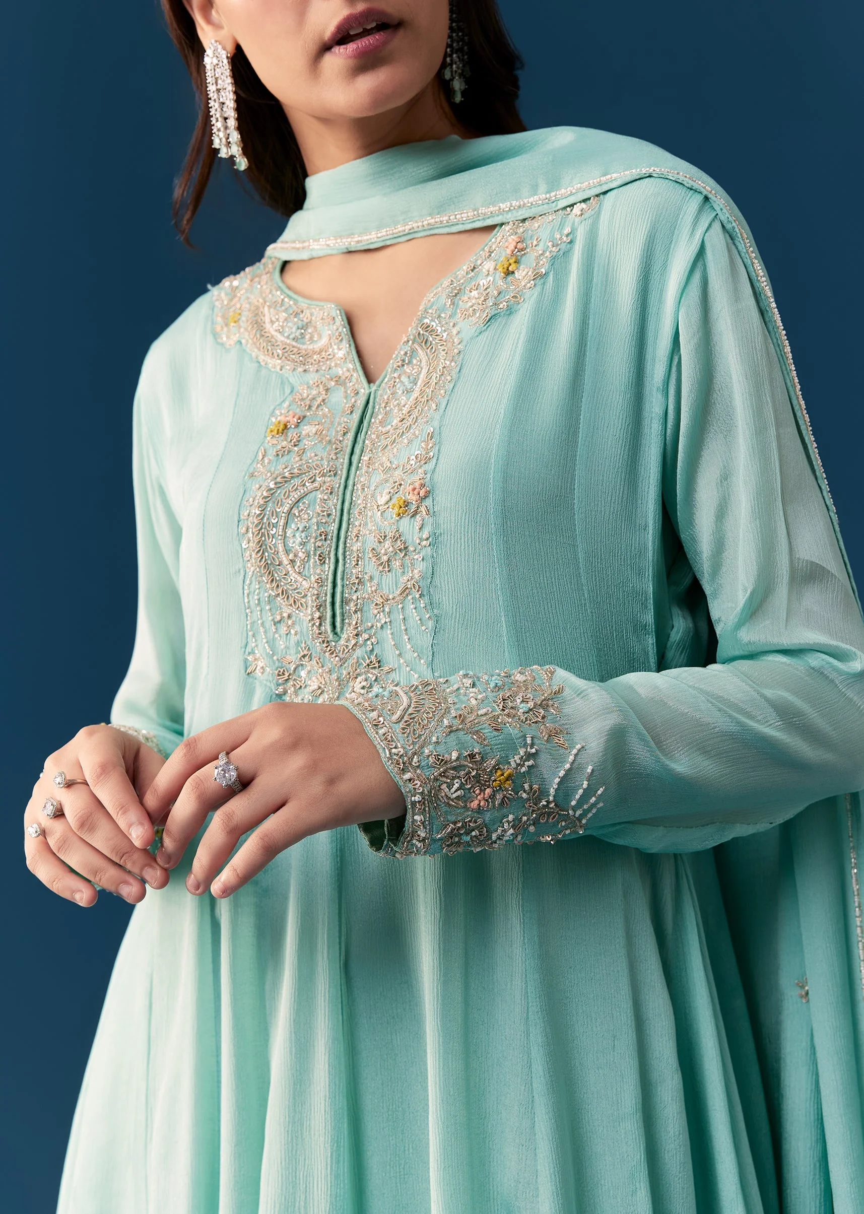 Sky Blue Chinon Anarkali Suit With Dupatta And Moti Cut Dana Work - Image 2