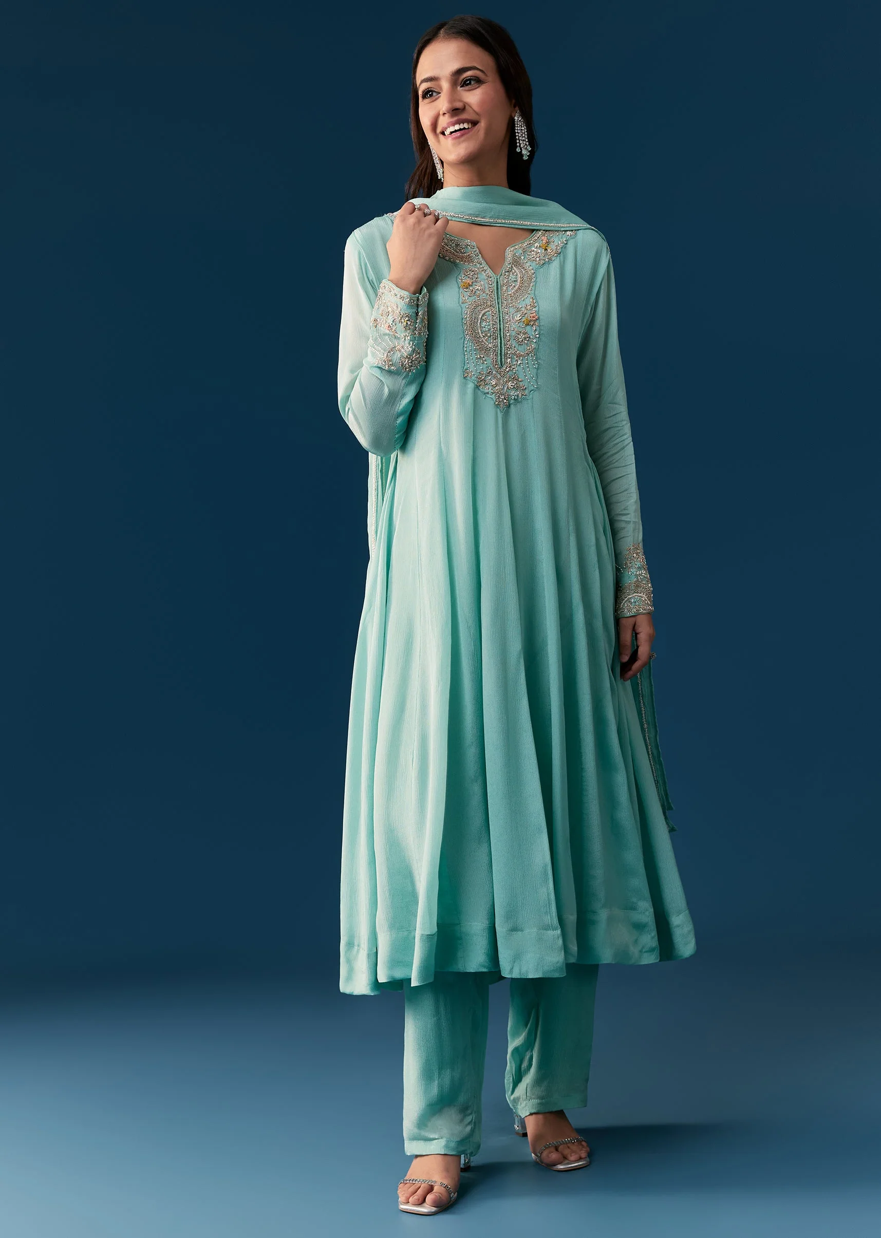 Sky Blue Chinon Anarkali Suit With Dupatta And Moti Cut Dana Work - Image 3