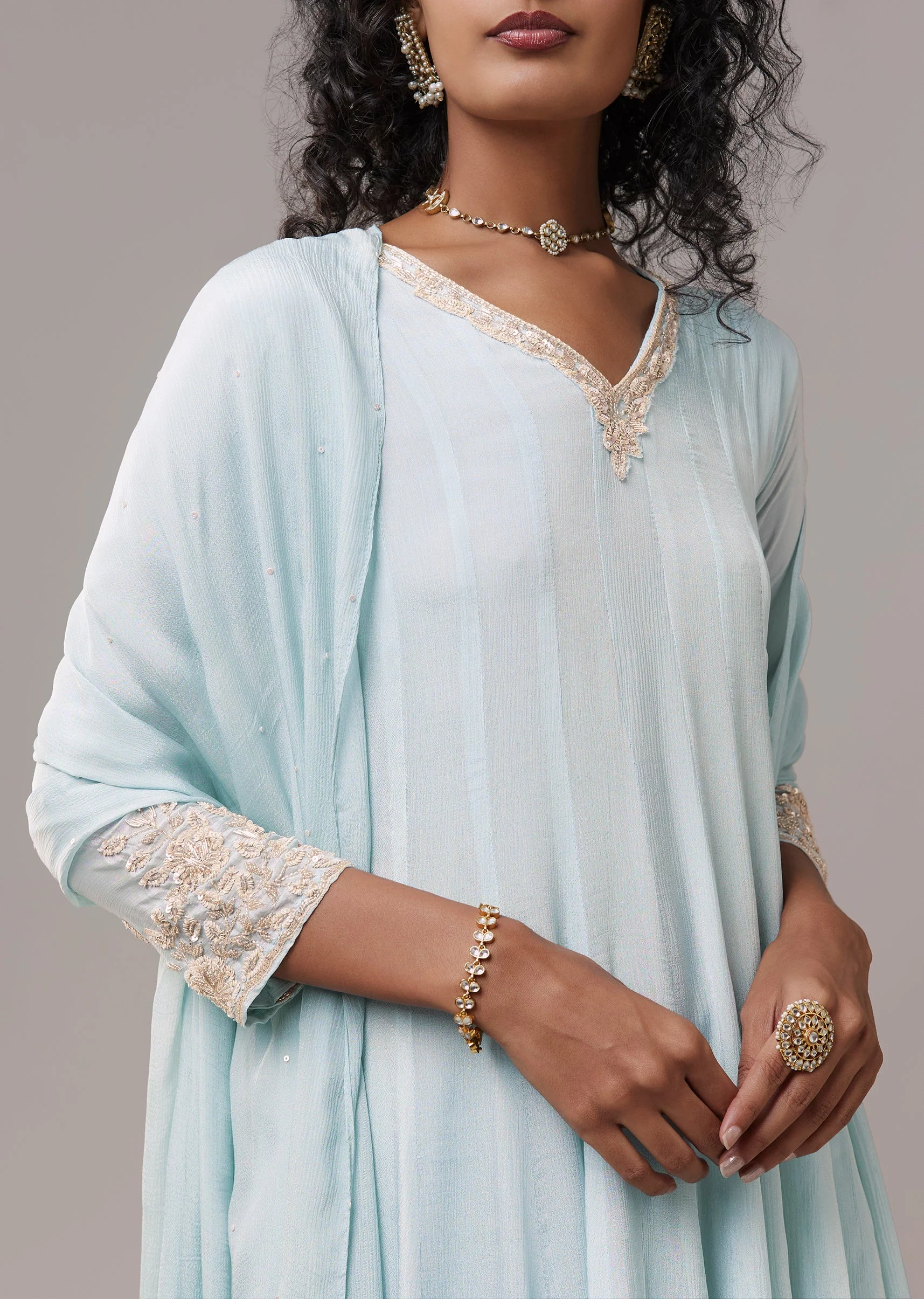 Sky Blue Chinon Embroidered Anarkali Set - Image 2