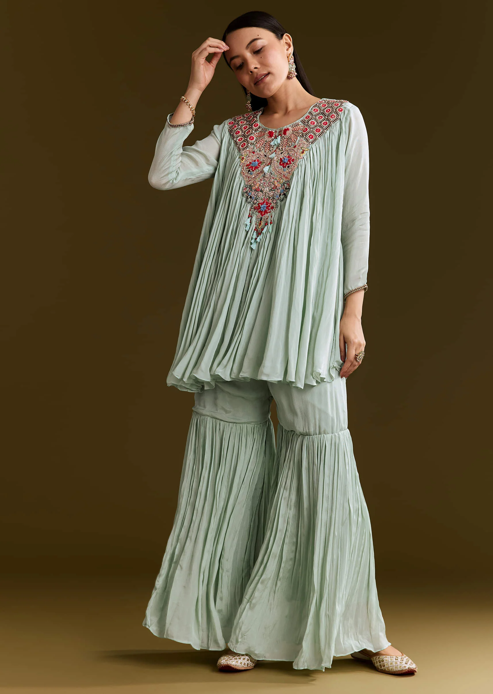 Sky Blue Chinon Flared Kurta Set With Thread Work