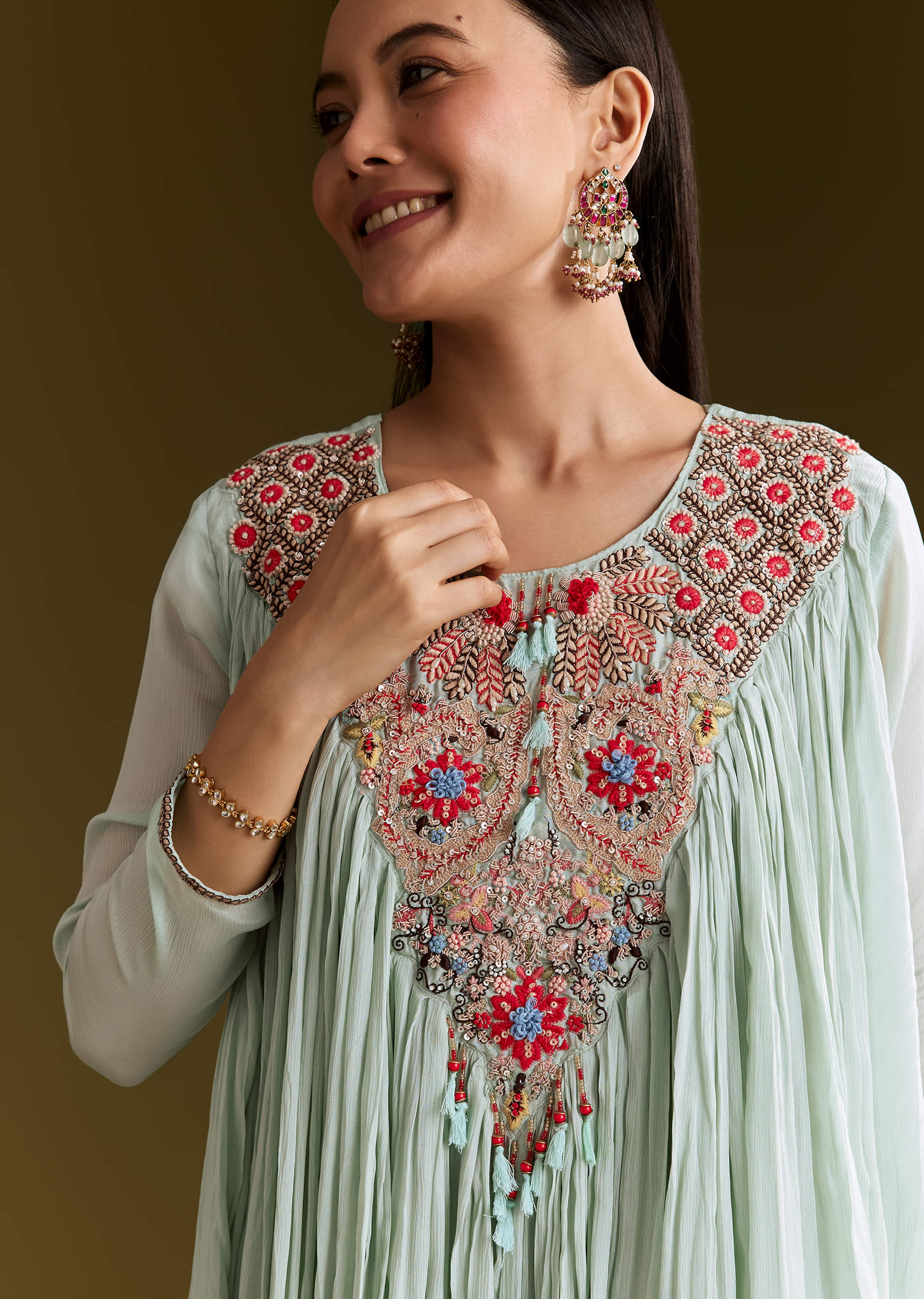 Sky Blue Chinon Flared Kurta Set With Thread Work - Image 2