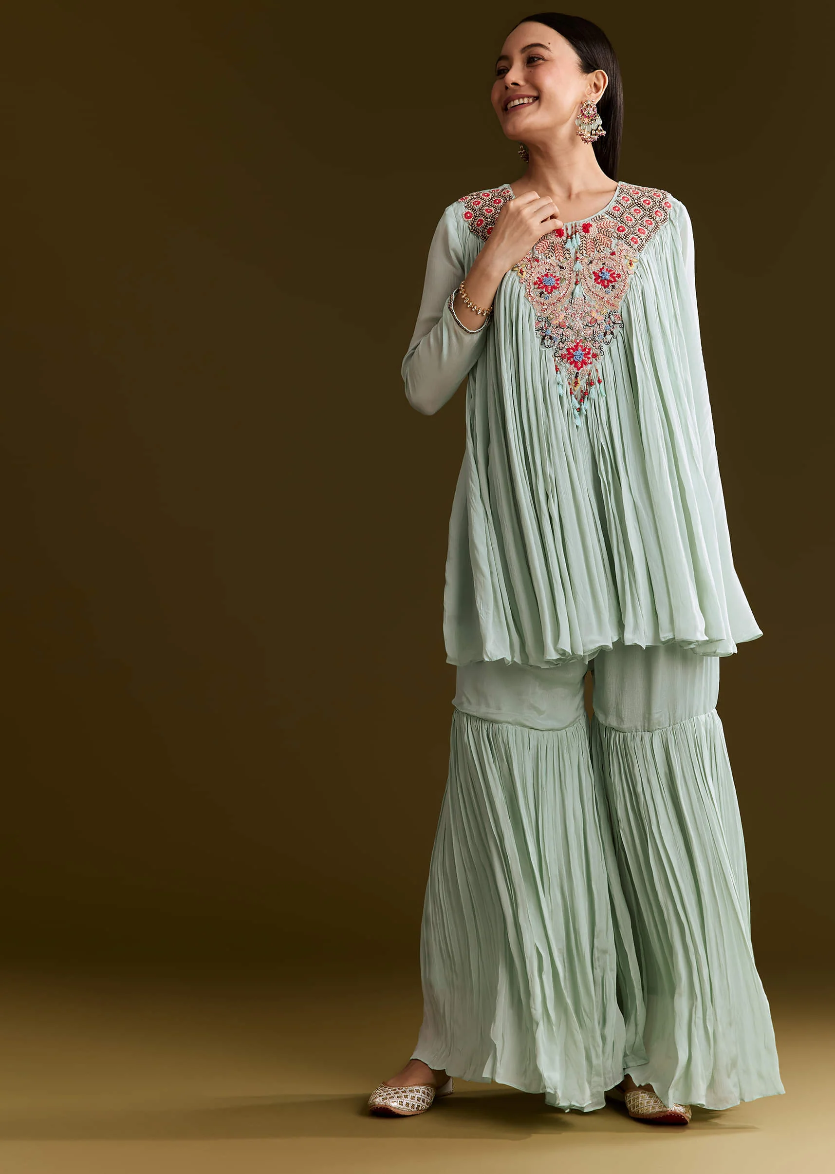 Sky Blue Chinon Flared Kurta Set With Thread Work - Image 3