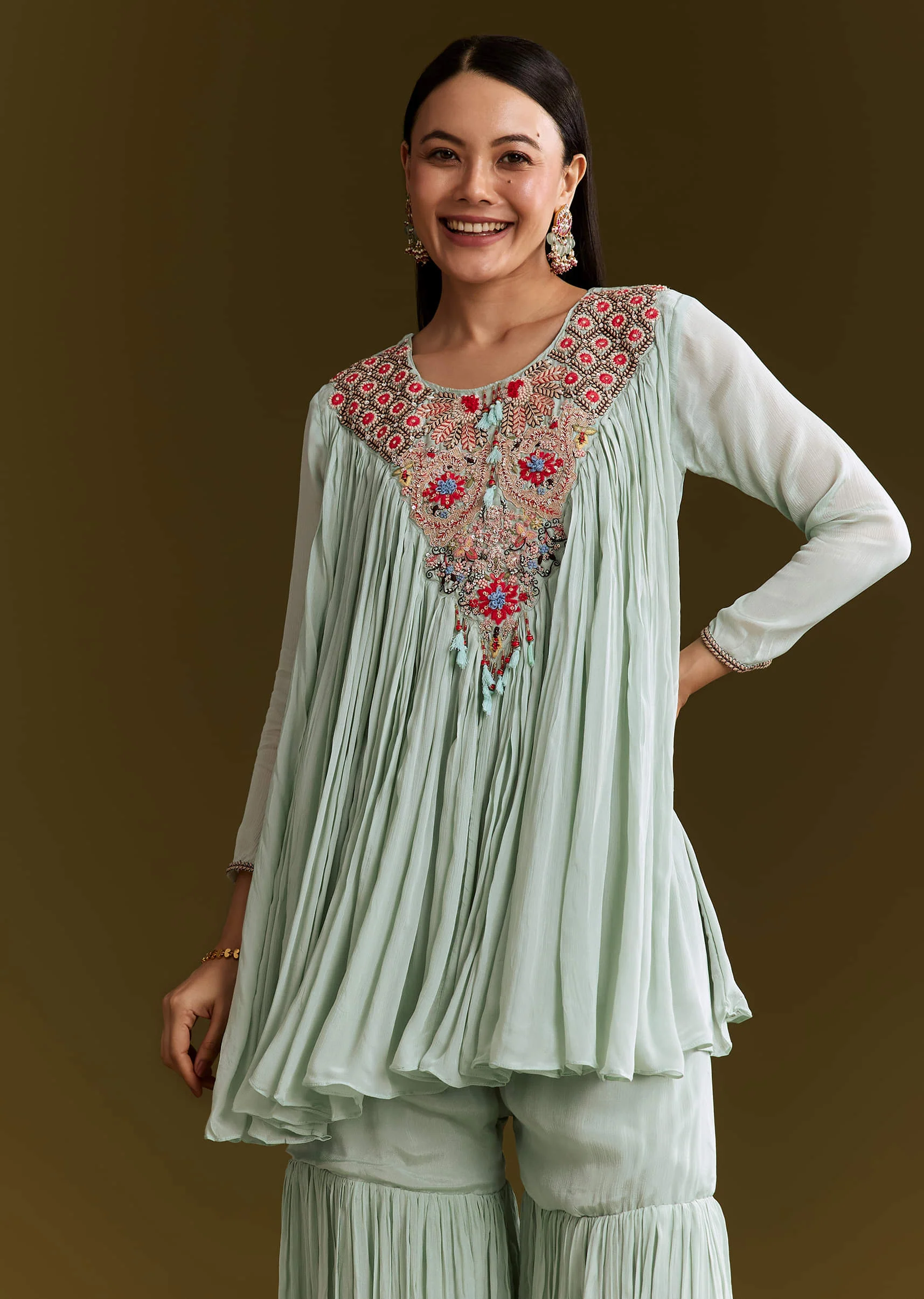 Sky Blue Chinon Flared Kurta Set With Thread Work - Image 4