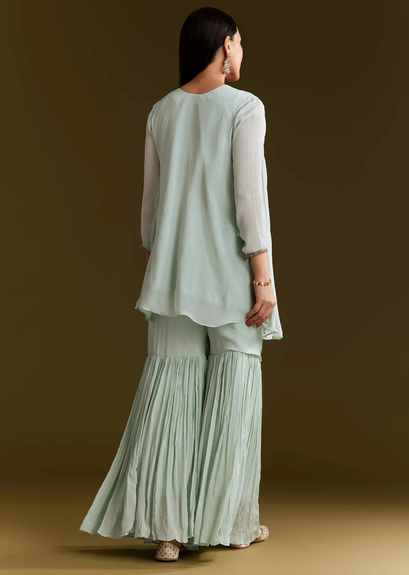 Sky Blue Chinon Flared Kurta Set With Thread Work - Image 5
