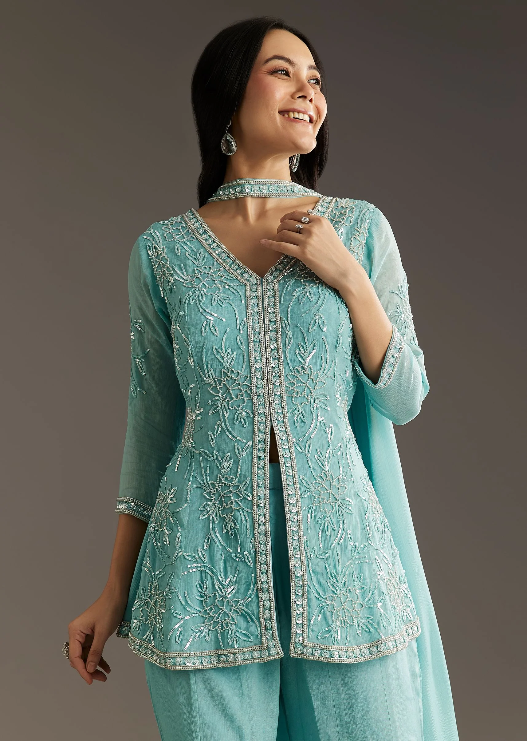 Sky Blue Chinon Front Slit Kurta Palazzo Set With Choker Style Dupatta - Image 3