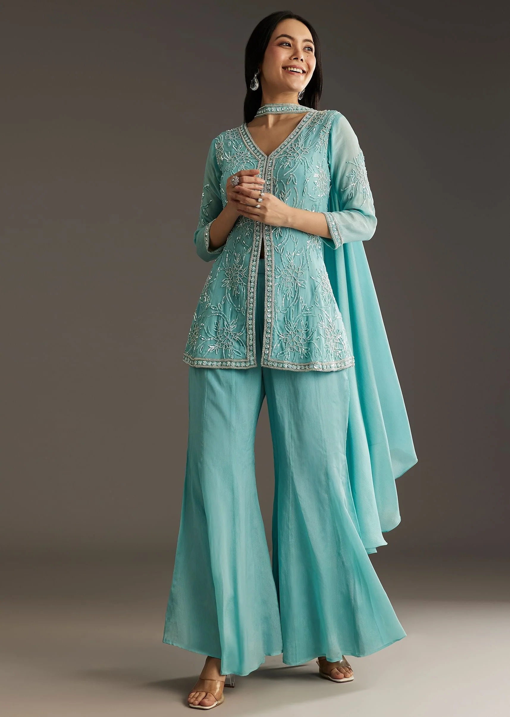 Sky Blue Chinon Front Slit Kurta Palazzo Set With Choker Style Dupatta - Image 4