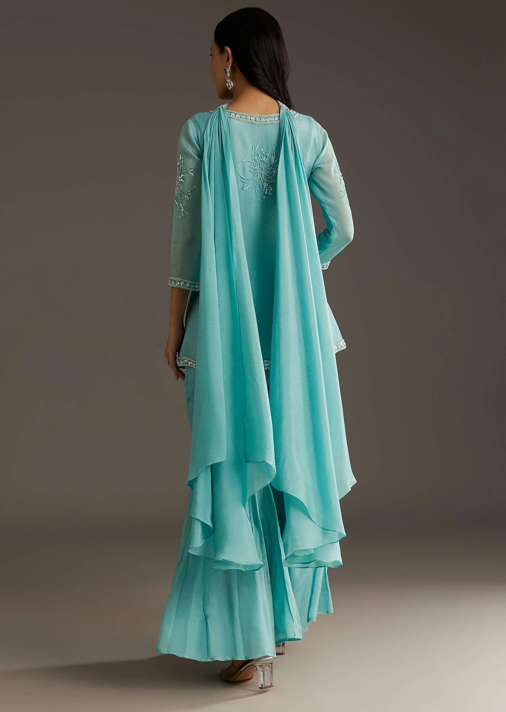 Sky Blue Chinon Front Slit Kurta Palazzo Set With Choker Style Dupatta - Image 5