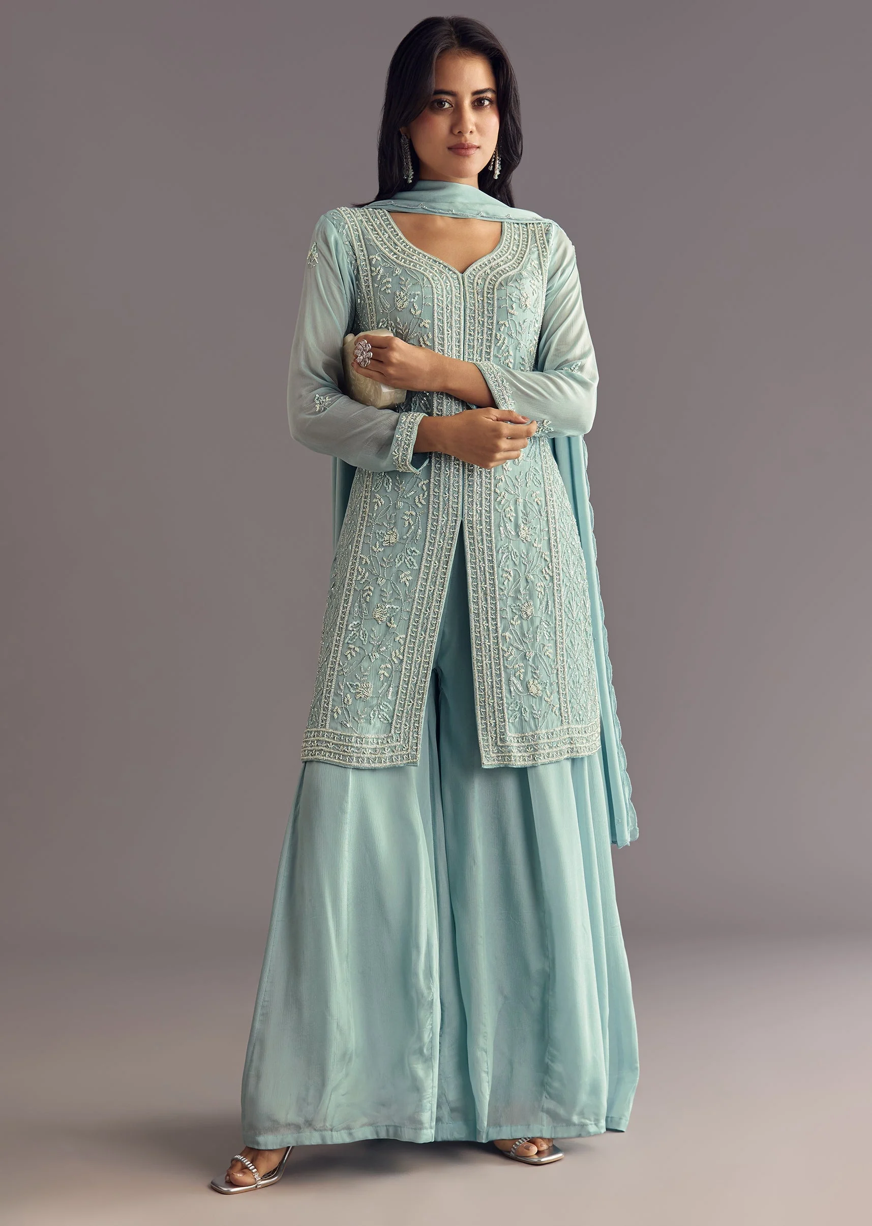 Sky Blue Chinon Kurta Dupatta Set With Moti And Cutdana Work - Image 3