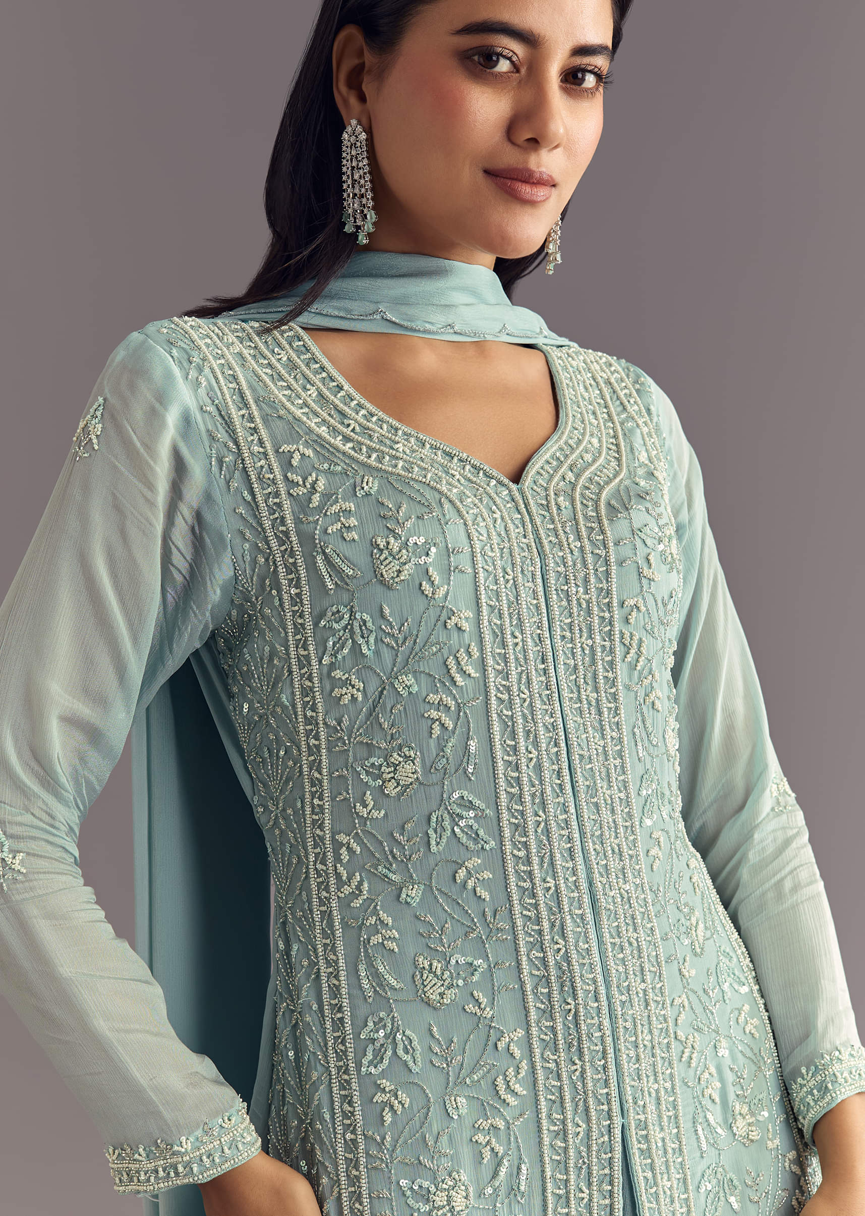 Sky Blue Chinon Kurta Dupatta Set With Moti And Cutdana Work - Image 4