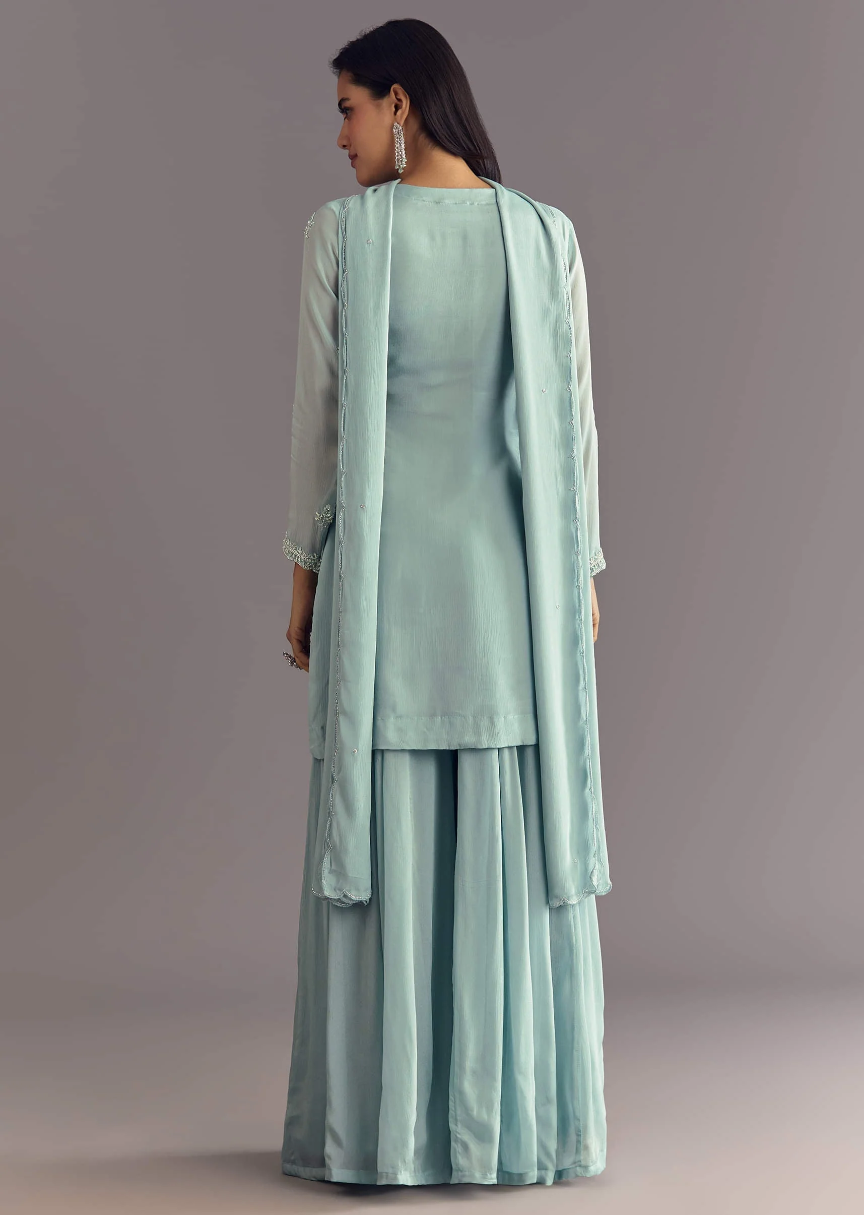 Sky Blue Chinon Kurta Dupatta Set With Moti And Cutdana Work - Image 5