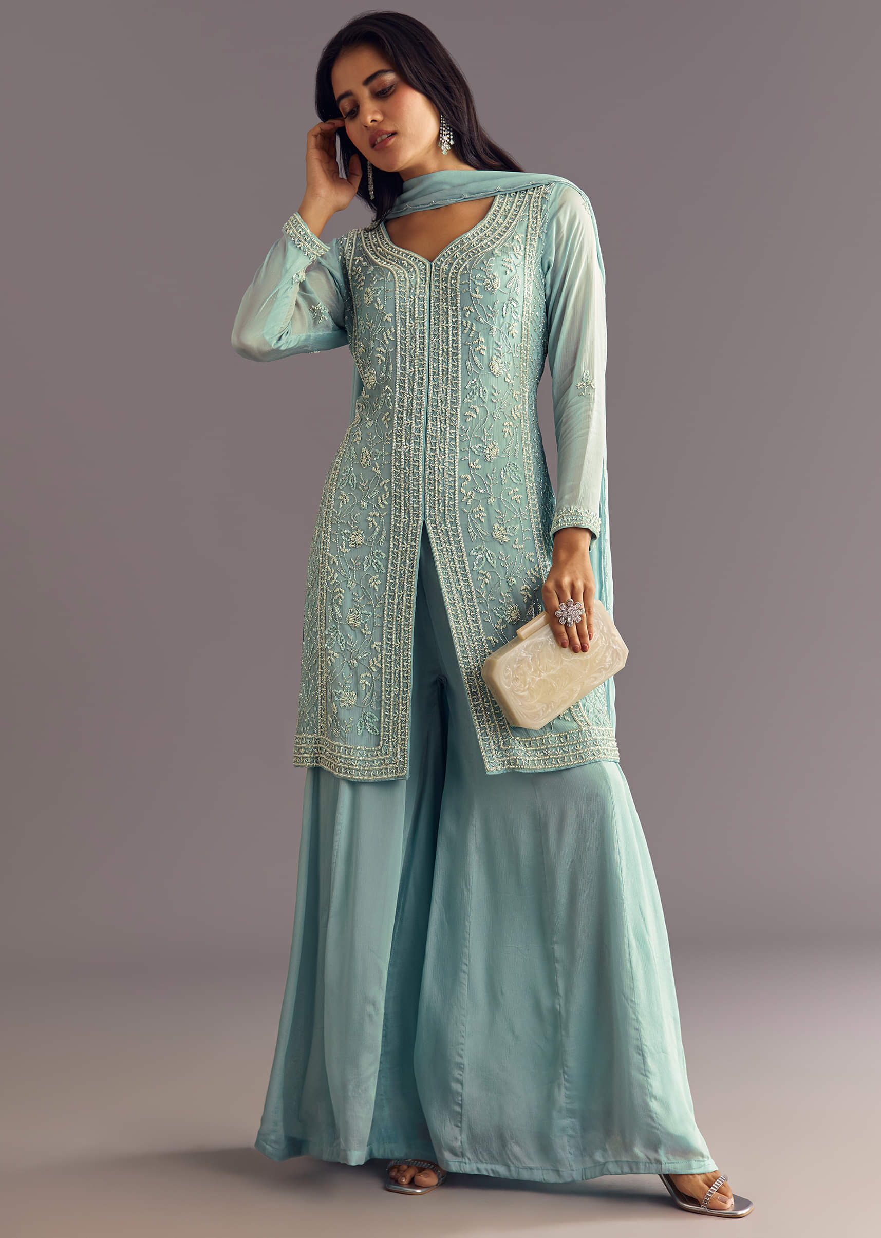 Sky Blue Chinon Kurta Dupatta Set With Moti And Cutdana Work - Image 7