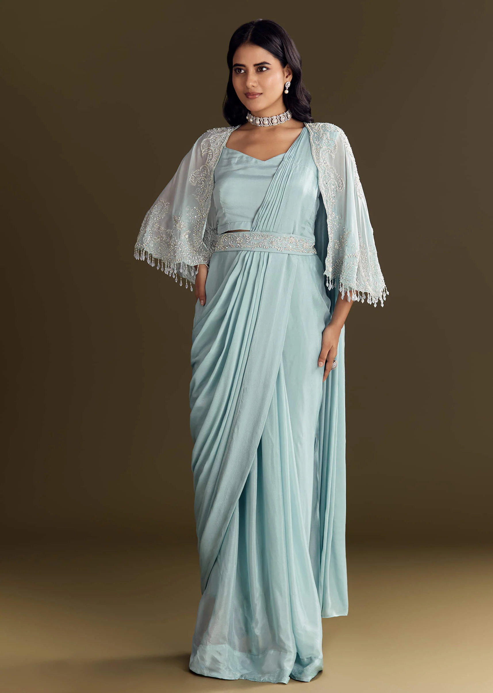 Sky Blue Chinon Pre Draped Saree With Cape And Belt - Image 2