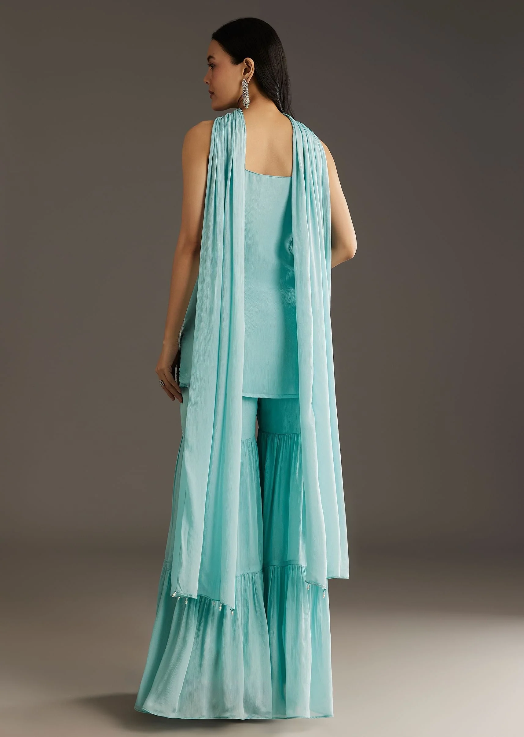 Sky Blue Chinon Sharara Suit Set With Choker Style Dupatta - Image 5