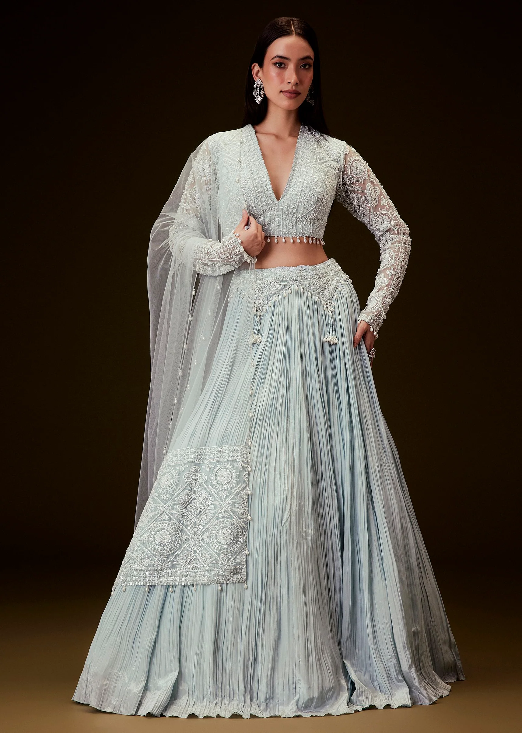 Sky Blue Crepe Sequence Lehenga With Full Sleeve  Blouse - Image 4