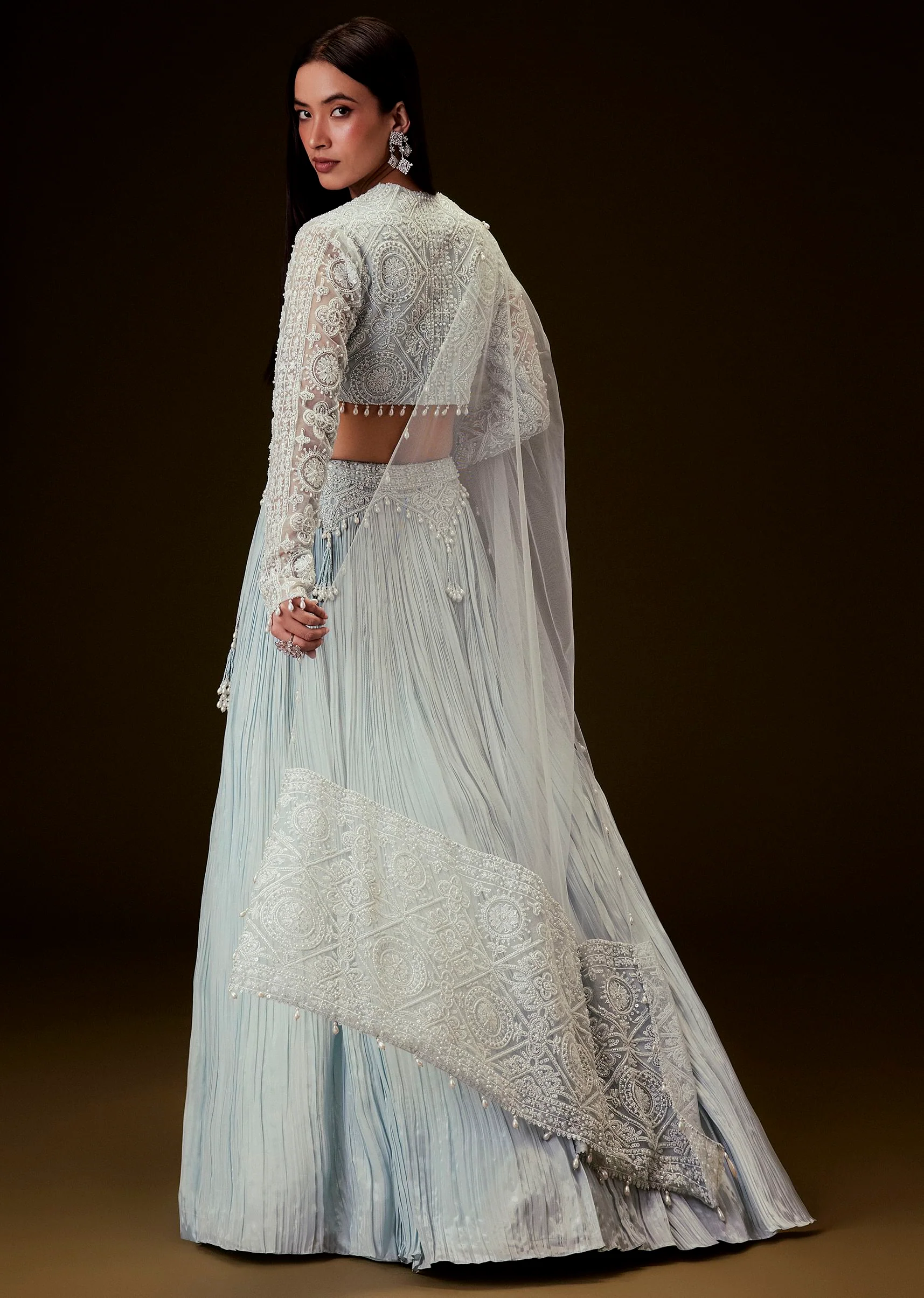 Sky Blue Crepe Sequence Lehenga With Full Sleeve  Blouse - Image 5