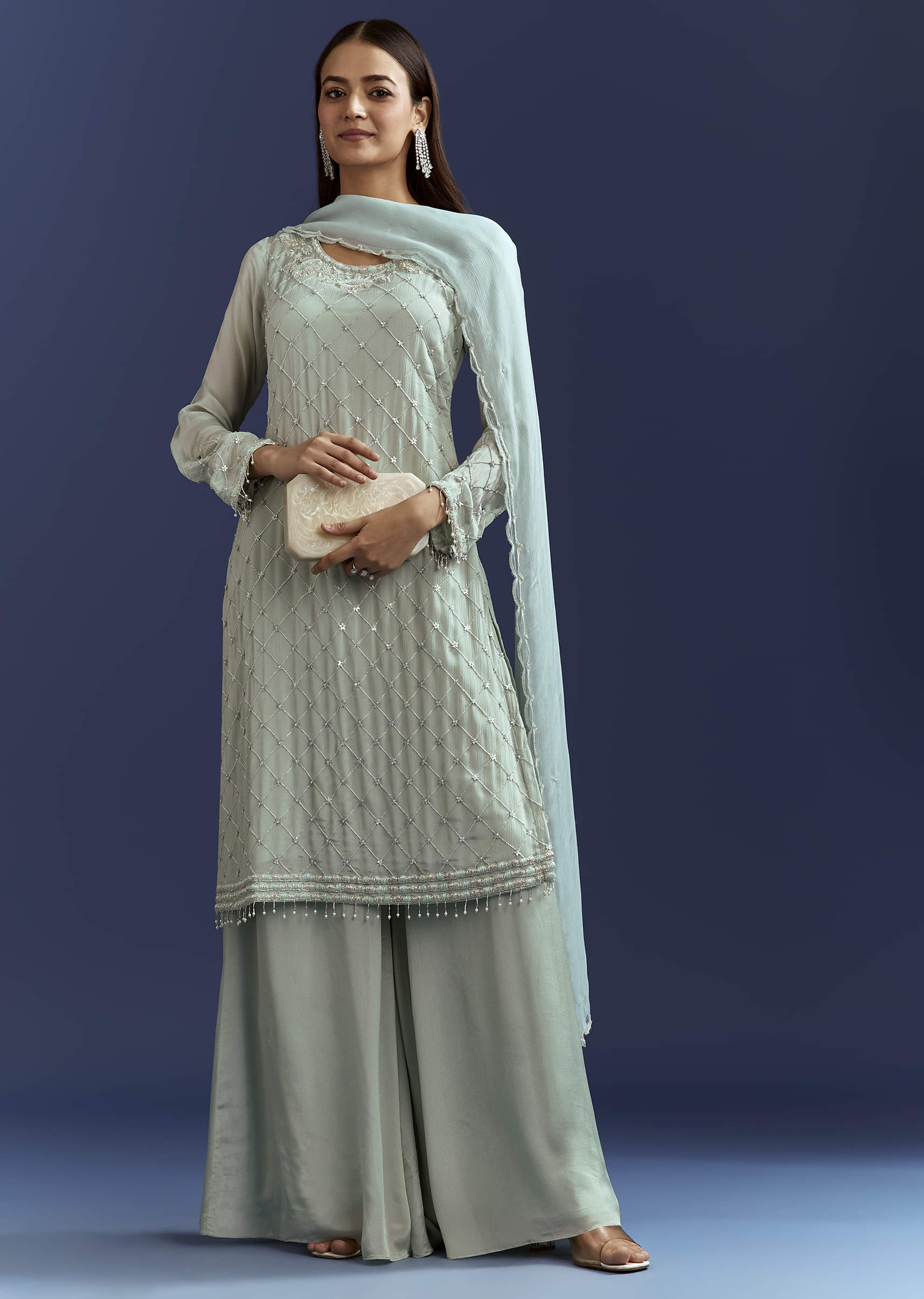 Sky Blue Cutdana Kurta With Scallop Dupatta And Palazzo In Chinon - Image 2