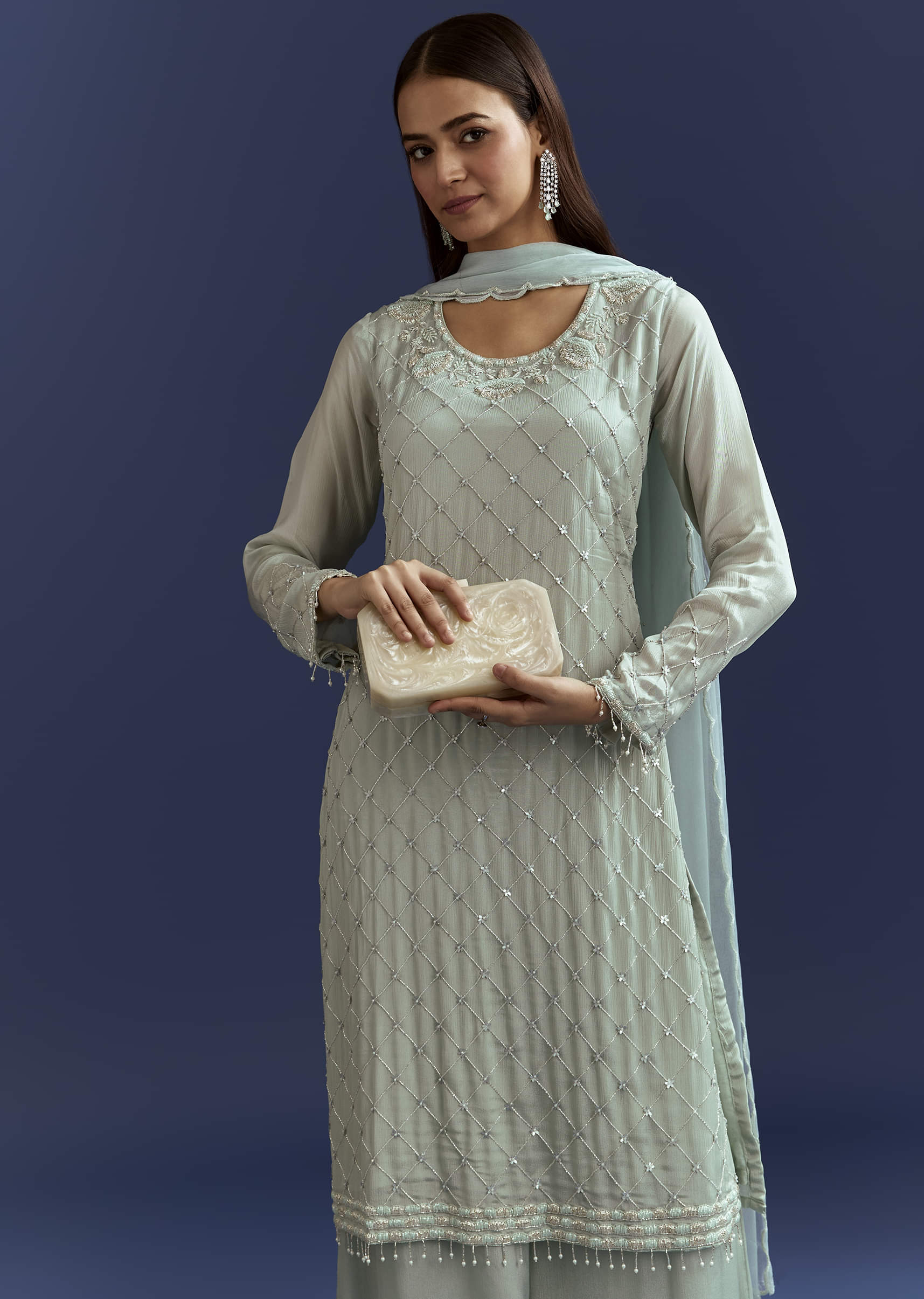 Sky Blue Cutdana Kurta With Scallop Dupatta And Palazzo In Chinon - Image 3