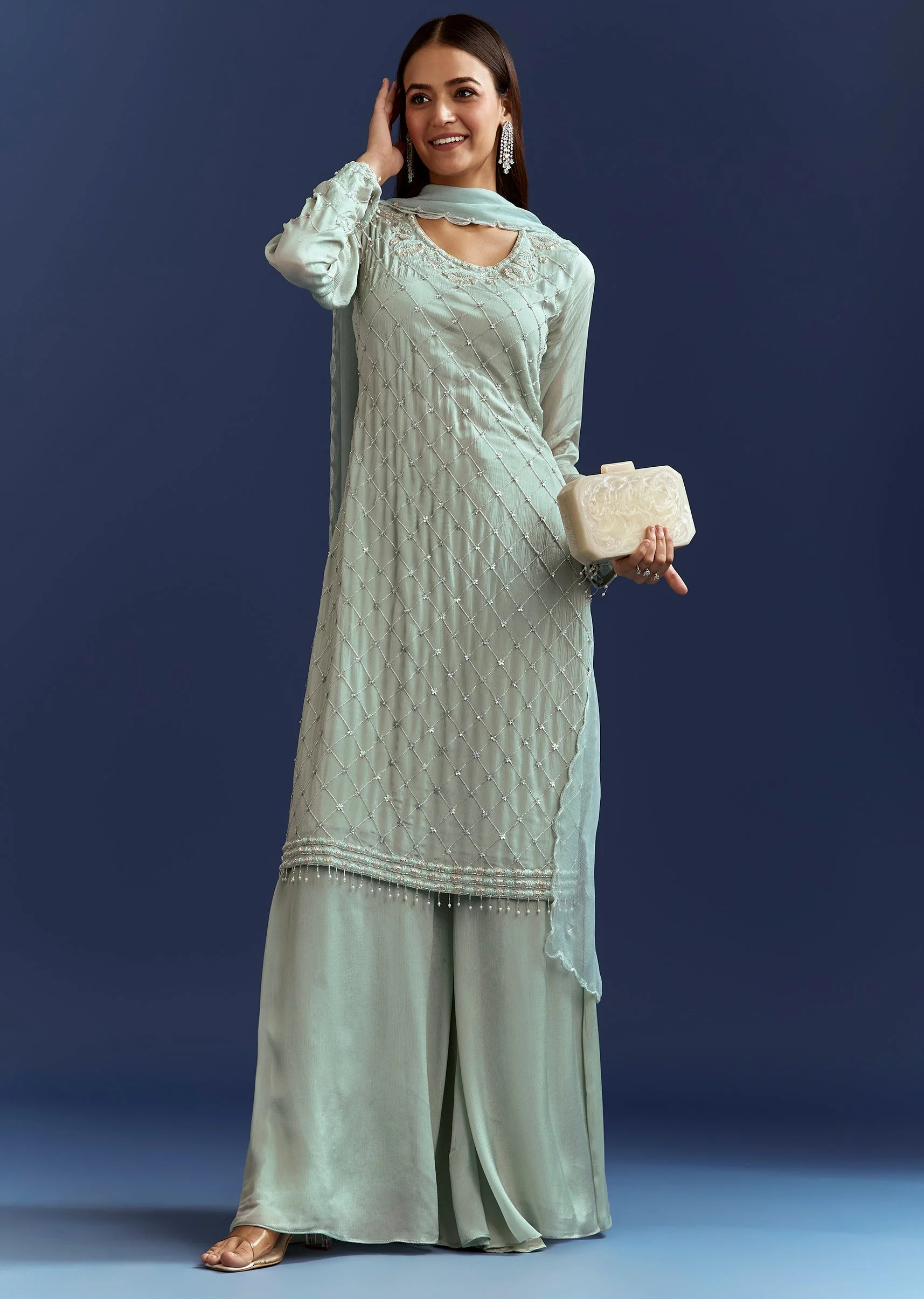 Sky Blue Cutdana Kurta With Scallop Dupatta And Palazzo In Chinon - Image 4