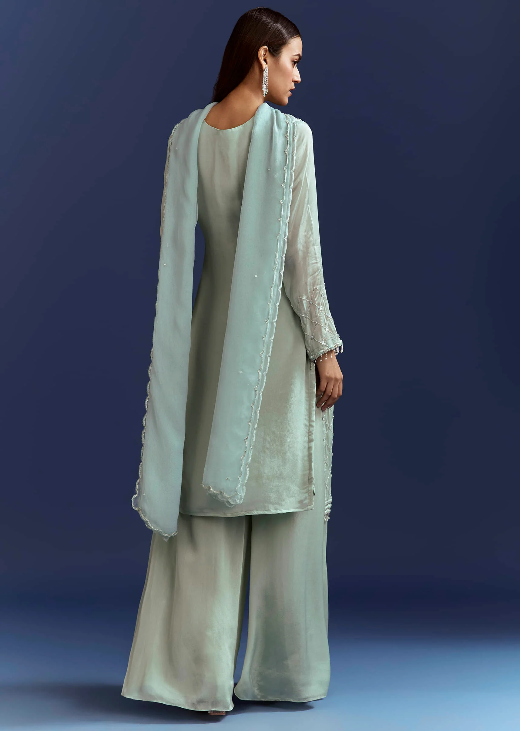Sky Blue Cutdana Kurta With Scallop Dupatta And Palazzo In Chinon - Image 5