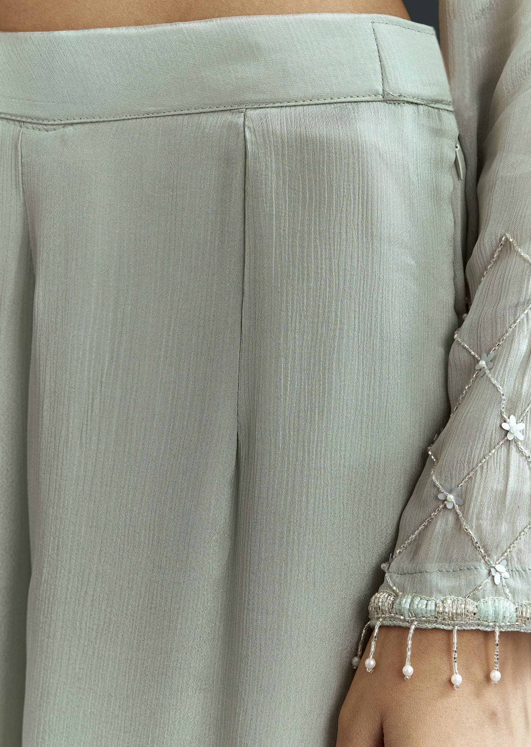 Sky Blue Cutdana Kurta With Scallop Dupatta And Palazzo In Chinon - Image 6