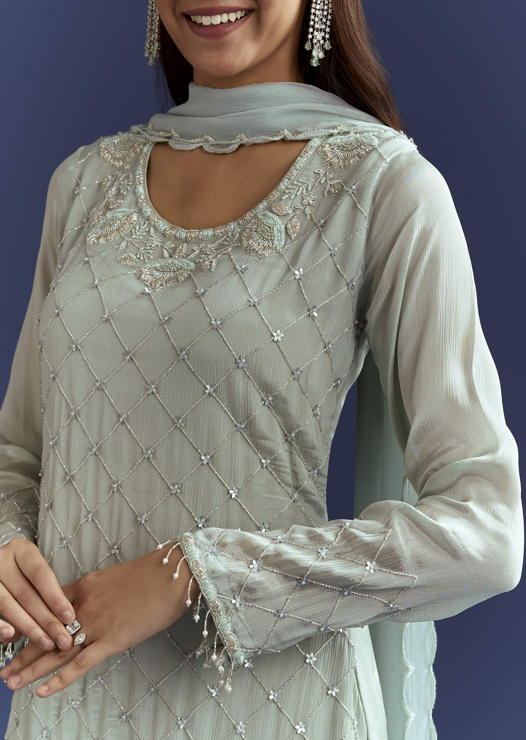 Sky Blue Cutdana Kurta With Scallop Dupatta And Palazzo In Chinon - Image 7