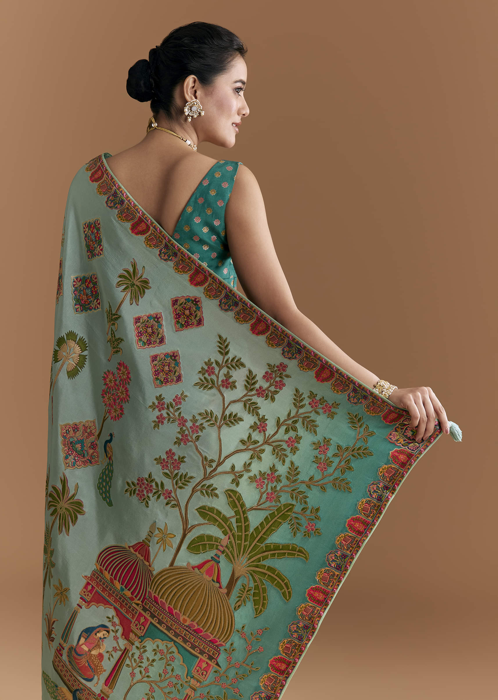 Sky Blue Dola Silk Saree With Madhubani Weave And Embroidery - Image 6