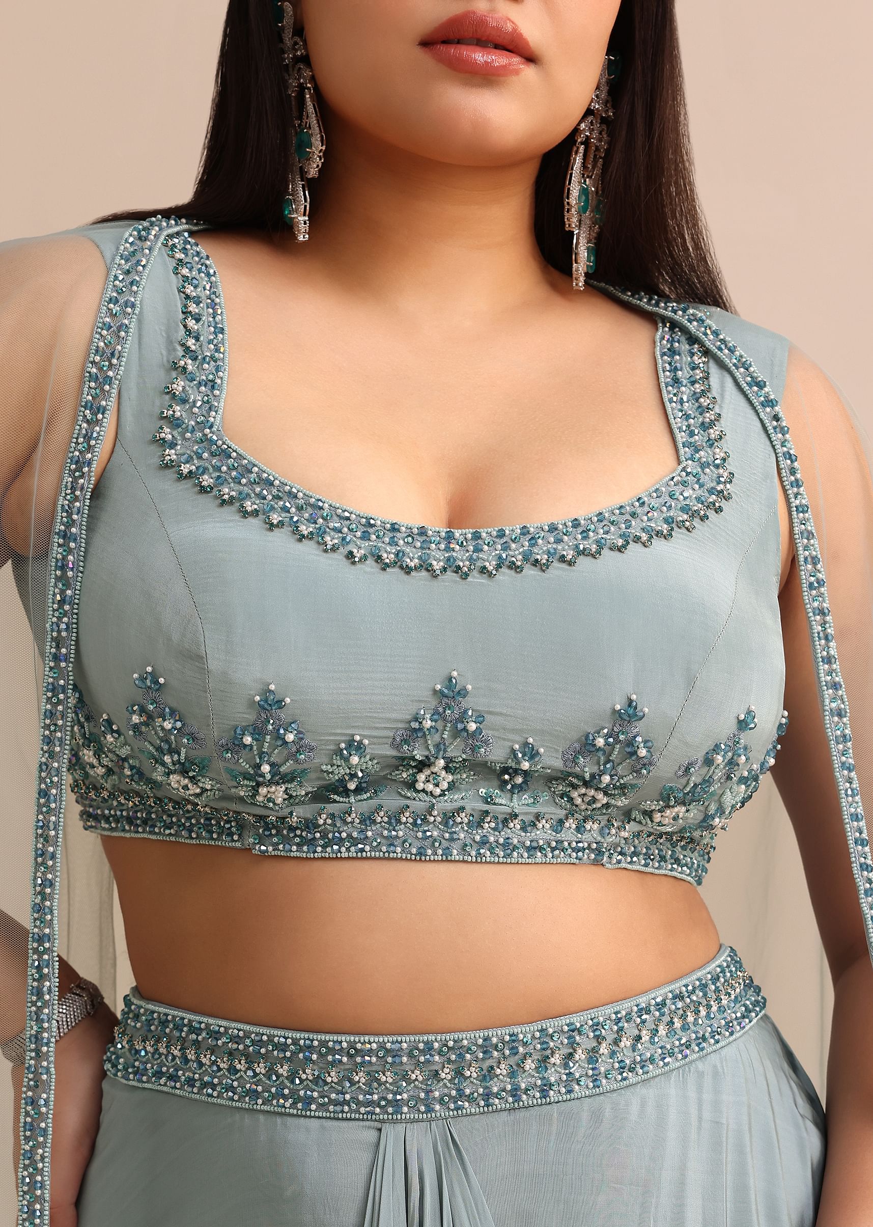 Sky Blue Draped Skirt With Cape - Image 4