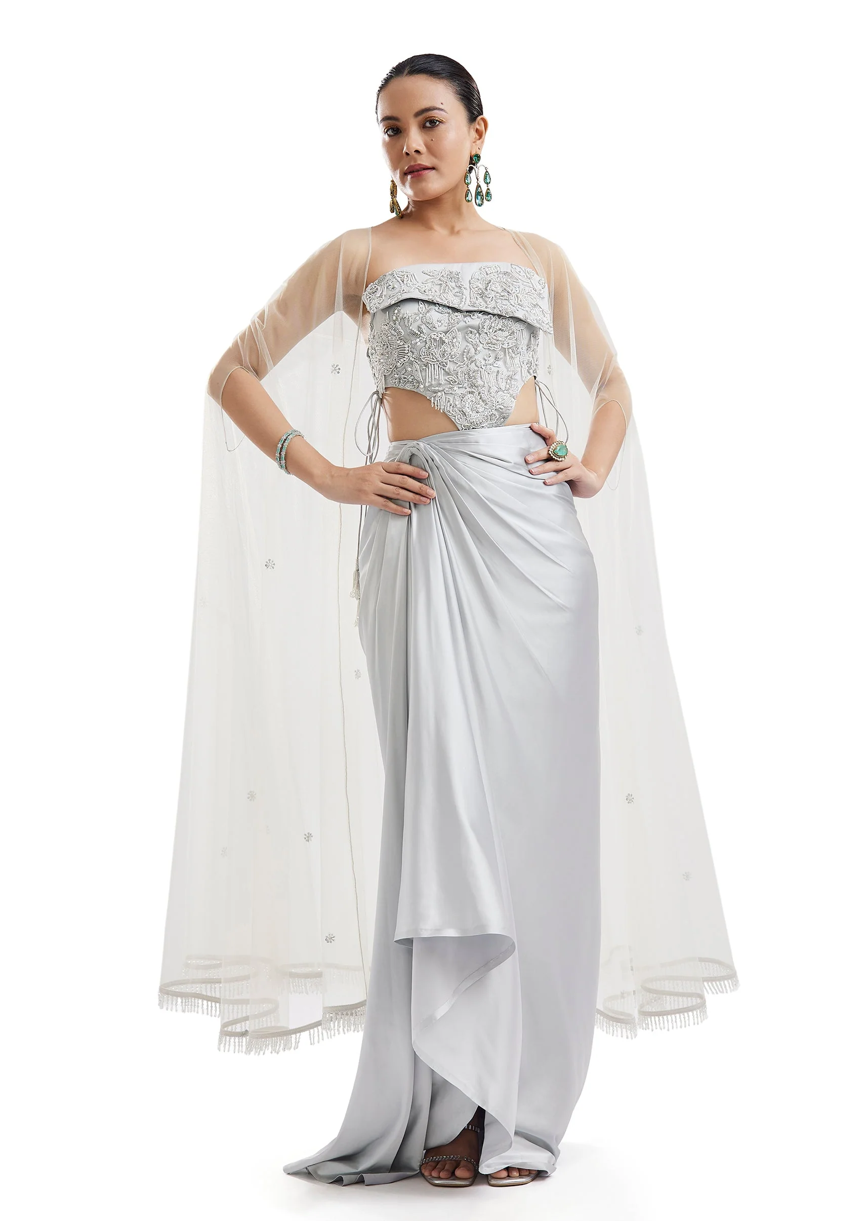Sky Blue Embellished Cape Skirt Set - Image 4