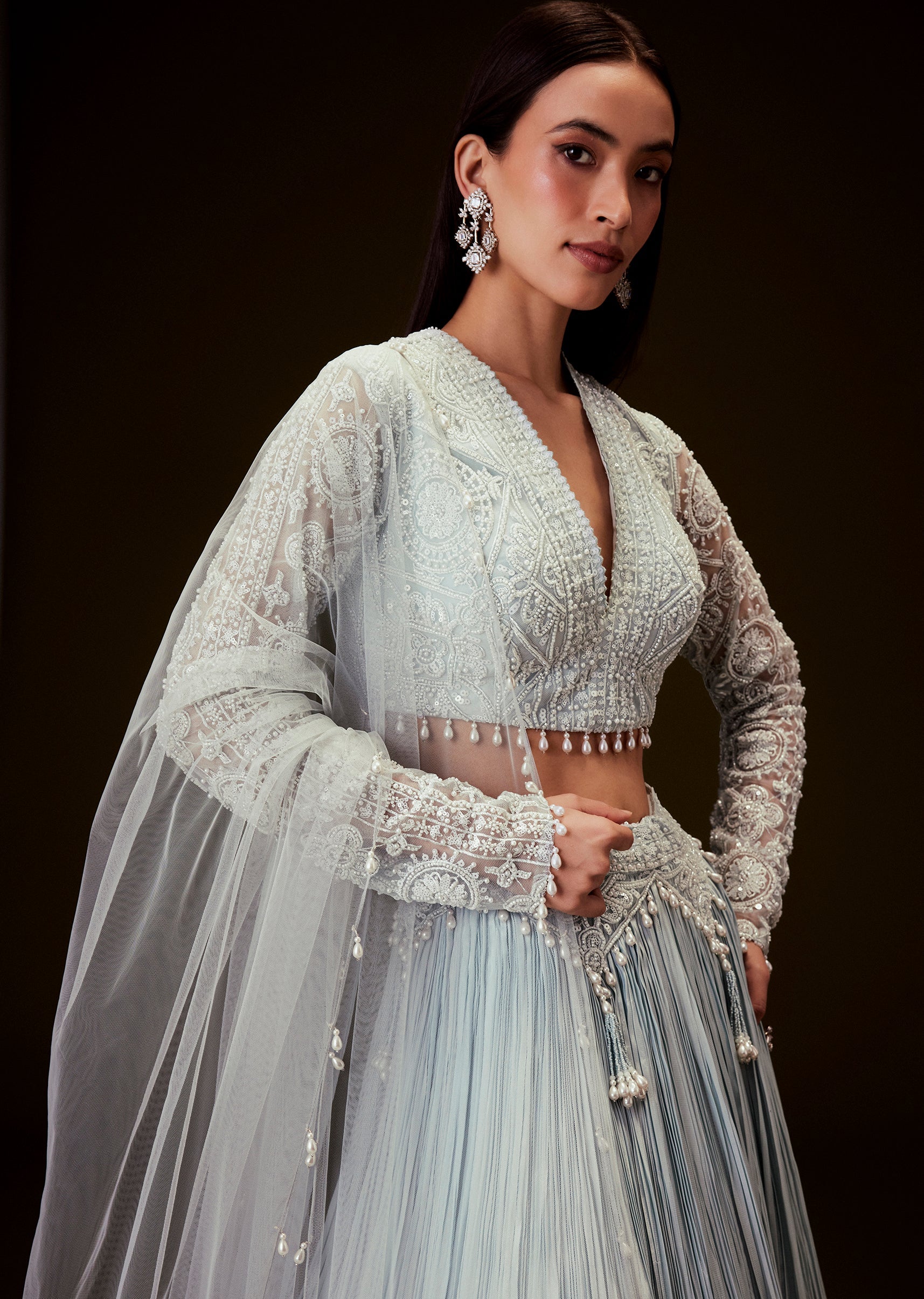 Sky Blue Festive Duo – Sequin Lehenga Set For Her And Blue Jodhpuri Set For Him - Image 2