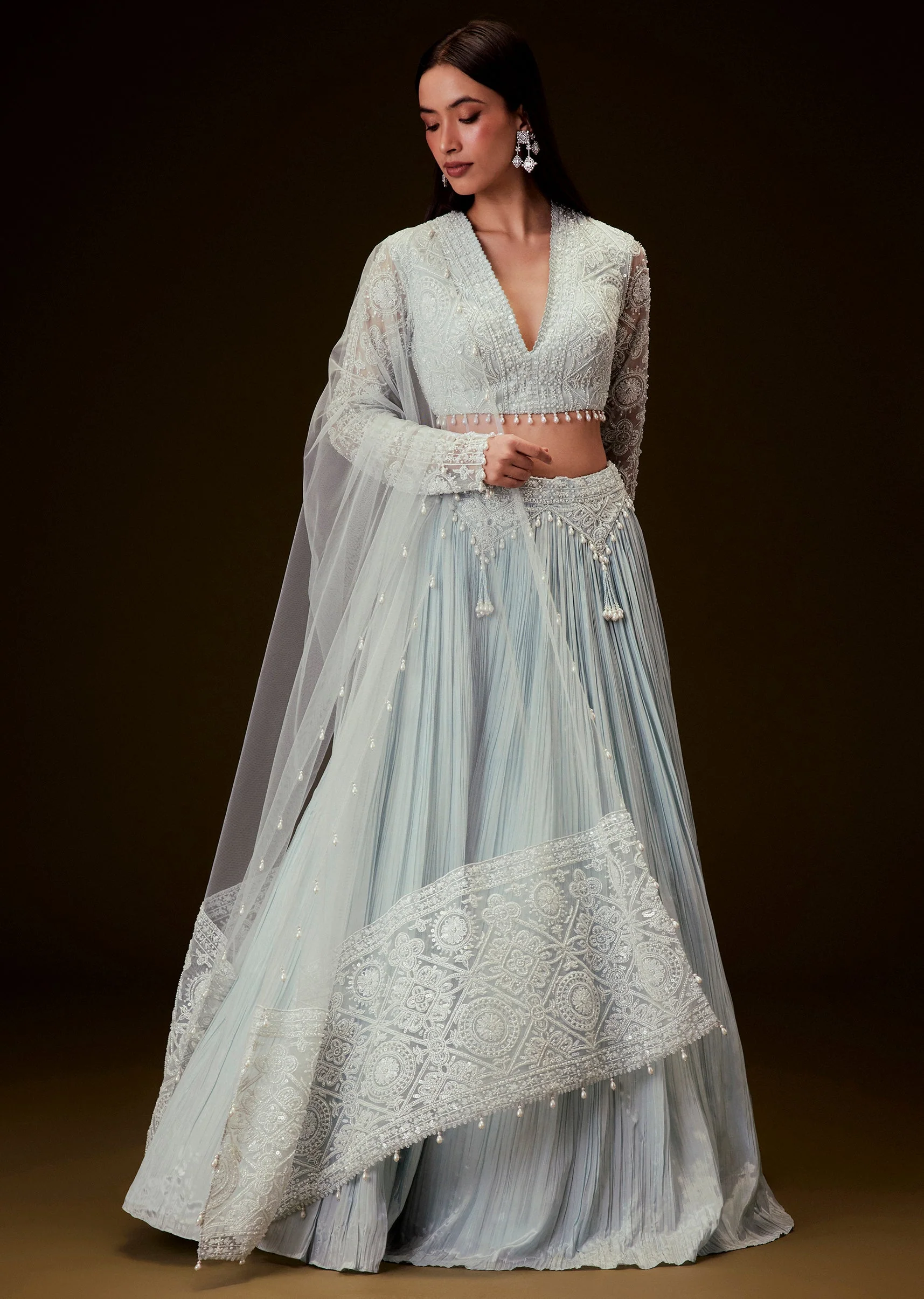 Sky Blue Festive Duo – Sequin Lehenga Set For Her And Blue Jodhpuri Set For Him - Image 3