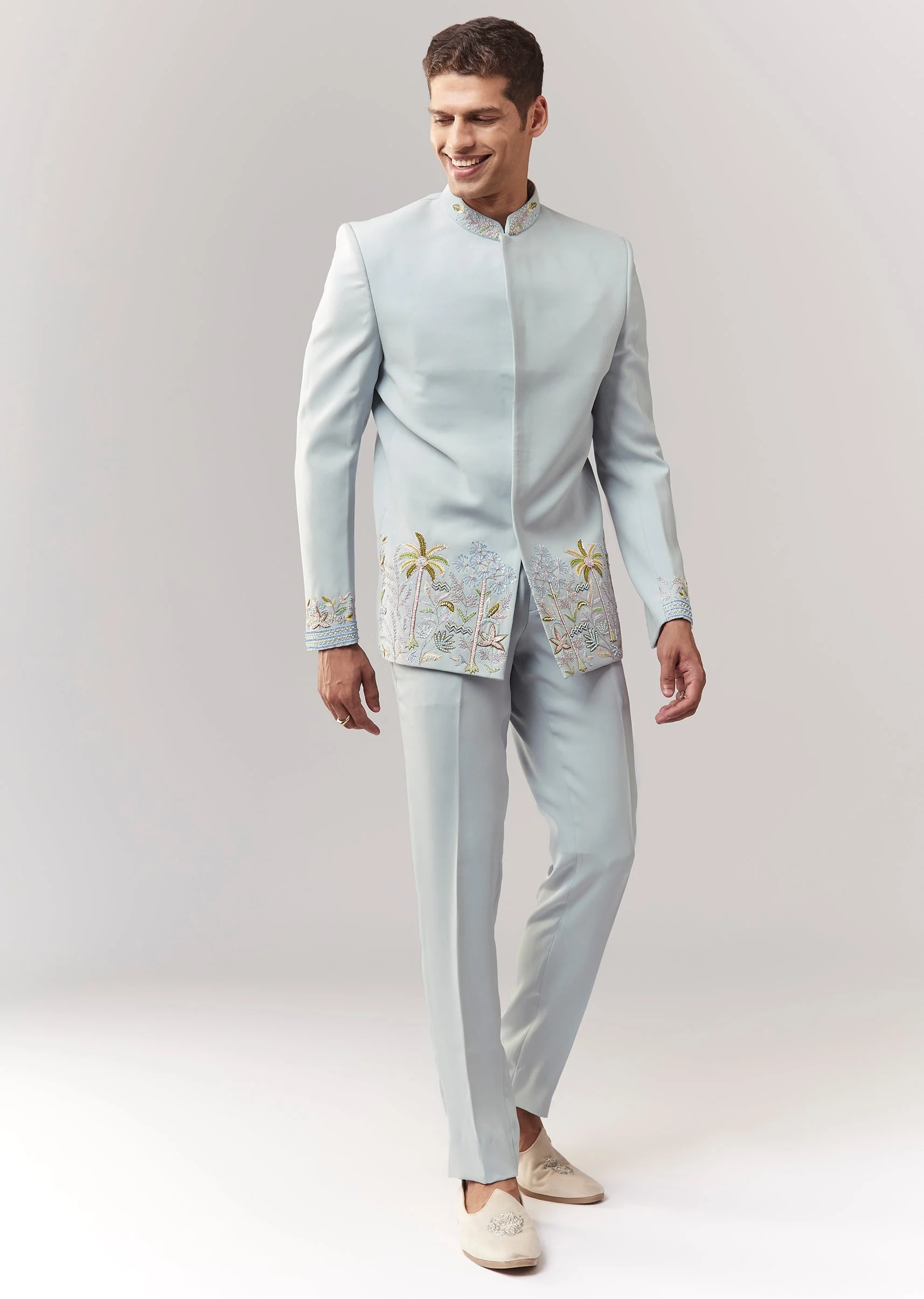 Sky Blue Festive Duo – Sequin Lehenga Set For Her And Blue Jodhpuri Set For Him - Image 4