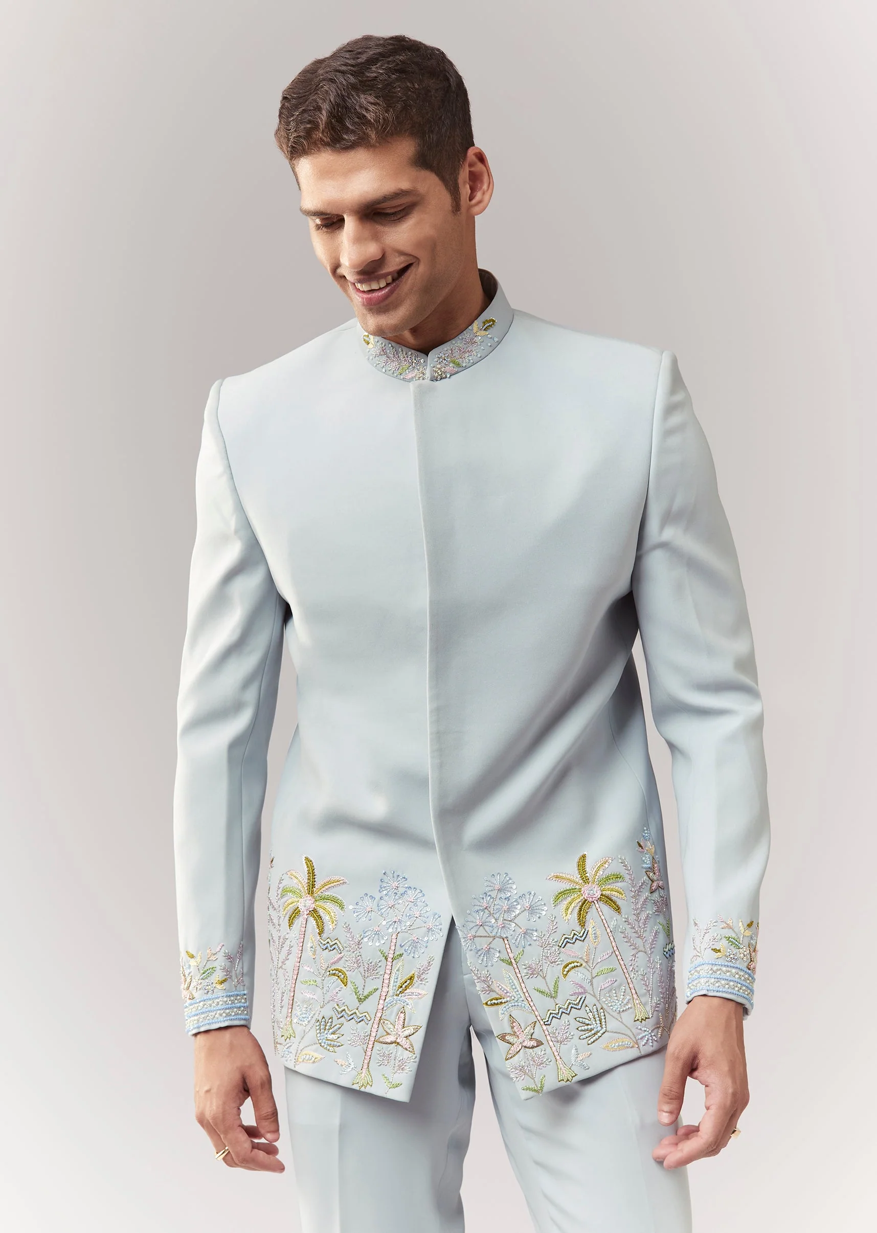 Sky Blue Festive Duo – Sequin Lehenga Set For Her And Blue Jodhpuri Set For Him - Image 5