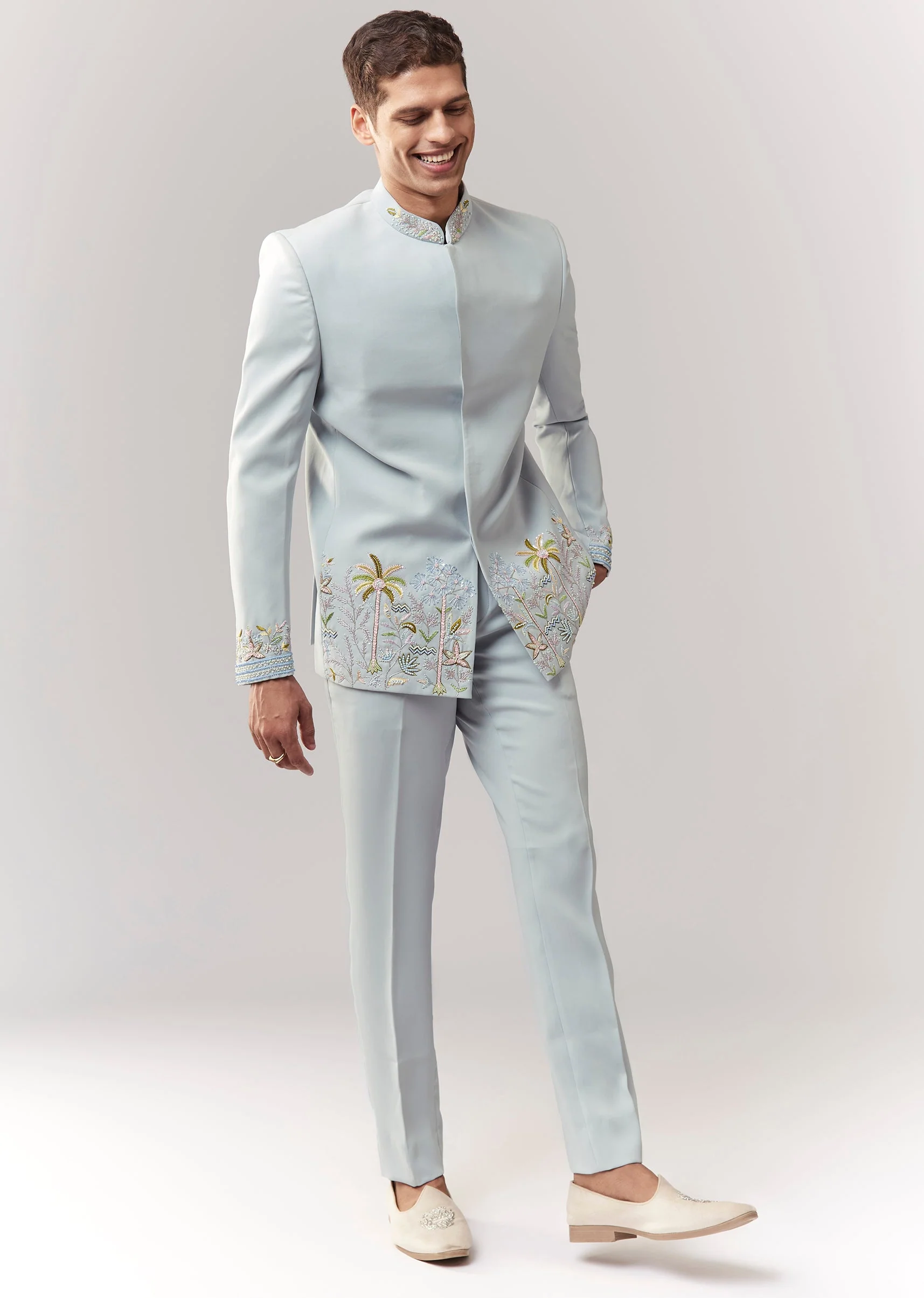 Sky Blue Festive Duo – Sequin Lehenga Set For Her And Blue Jodhpuri Set For Him - Image 6