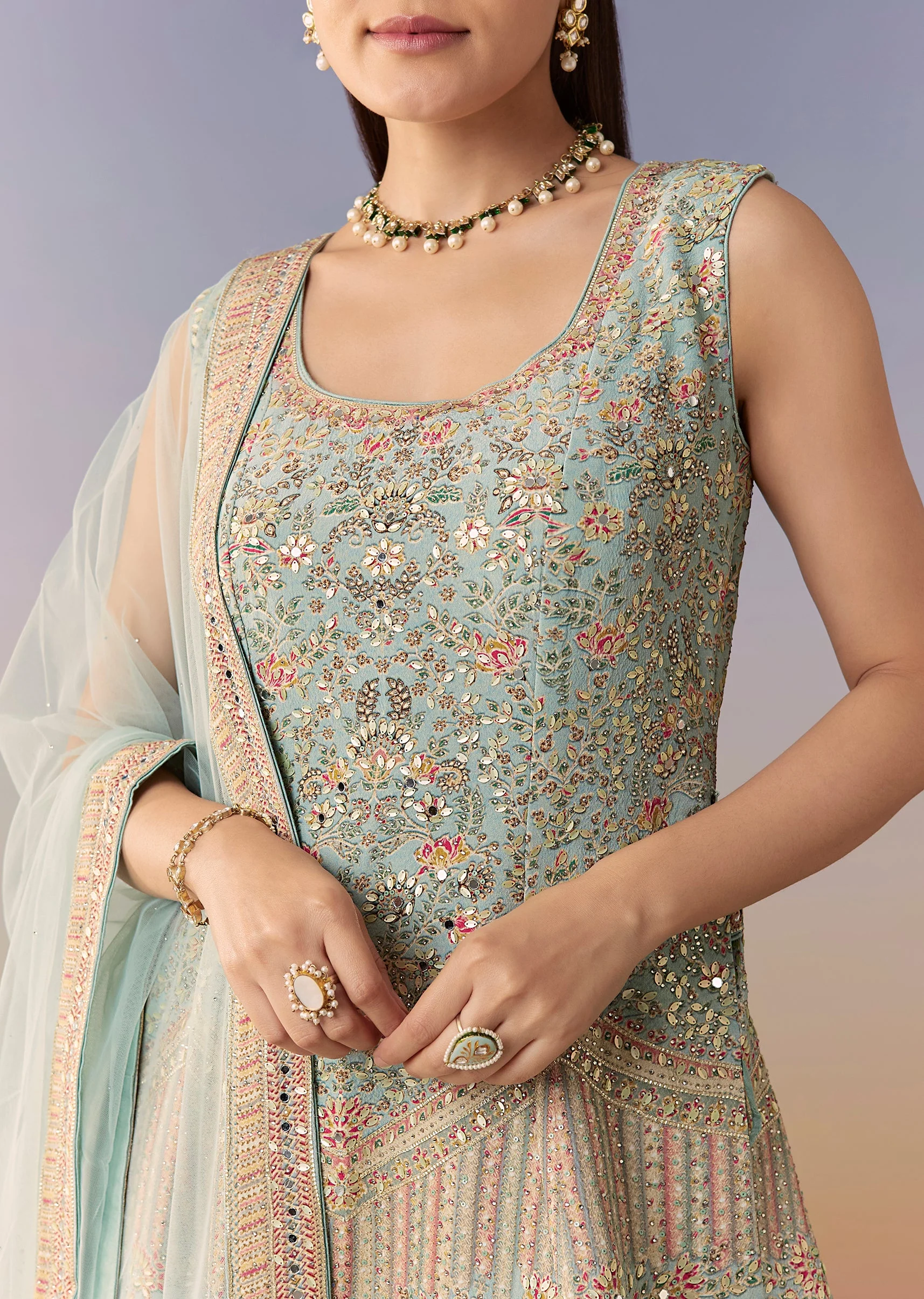 Sky Blue Floral Embellished Palazzo Set With Dupatta - Image 2