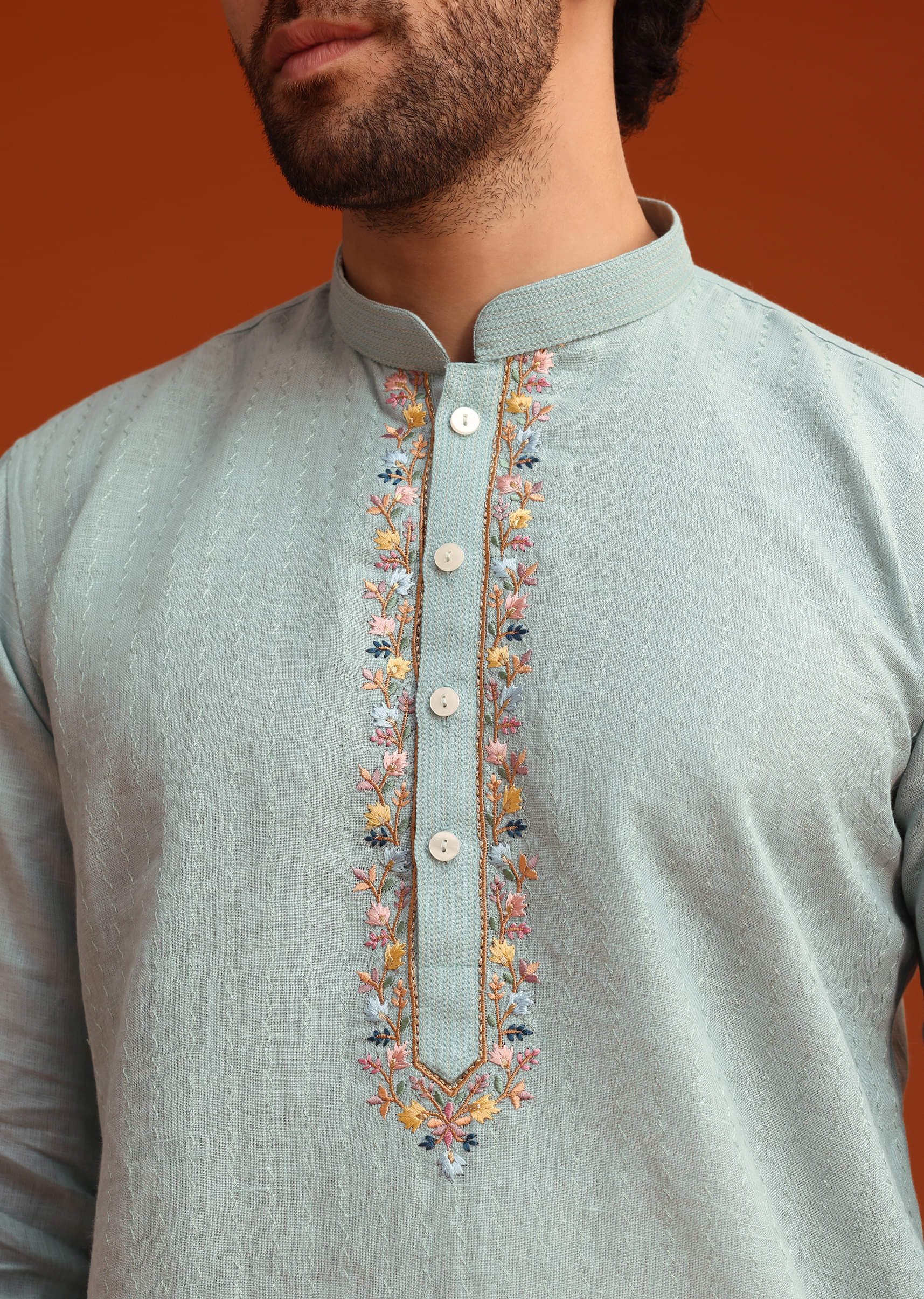 Sky Blue Floral Hand Embroidered Kurta And Pant Set - Image 8