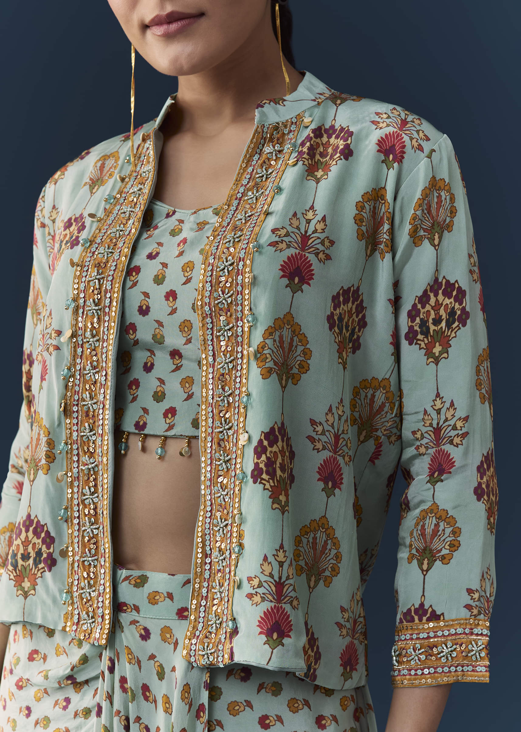 Sky Blue Floral Print Crop Top Skirt Set with Sequins Work Jacket - Image 2
