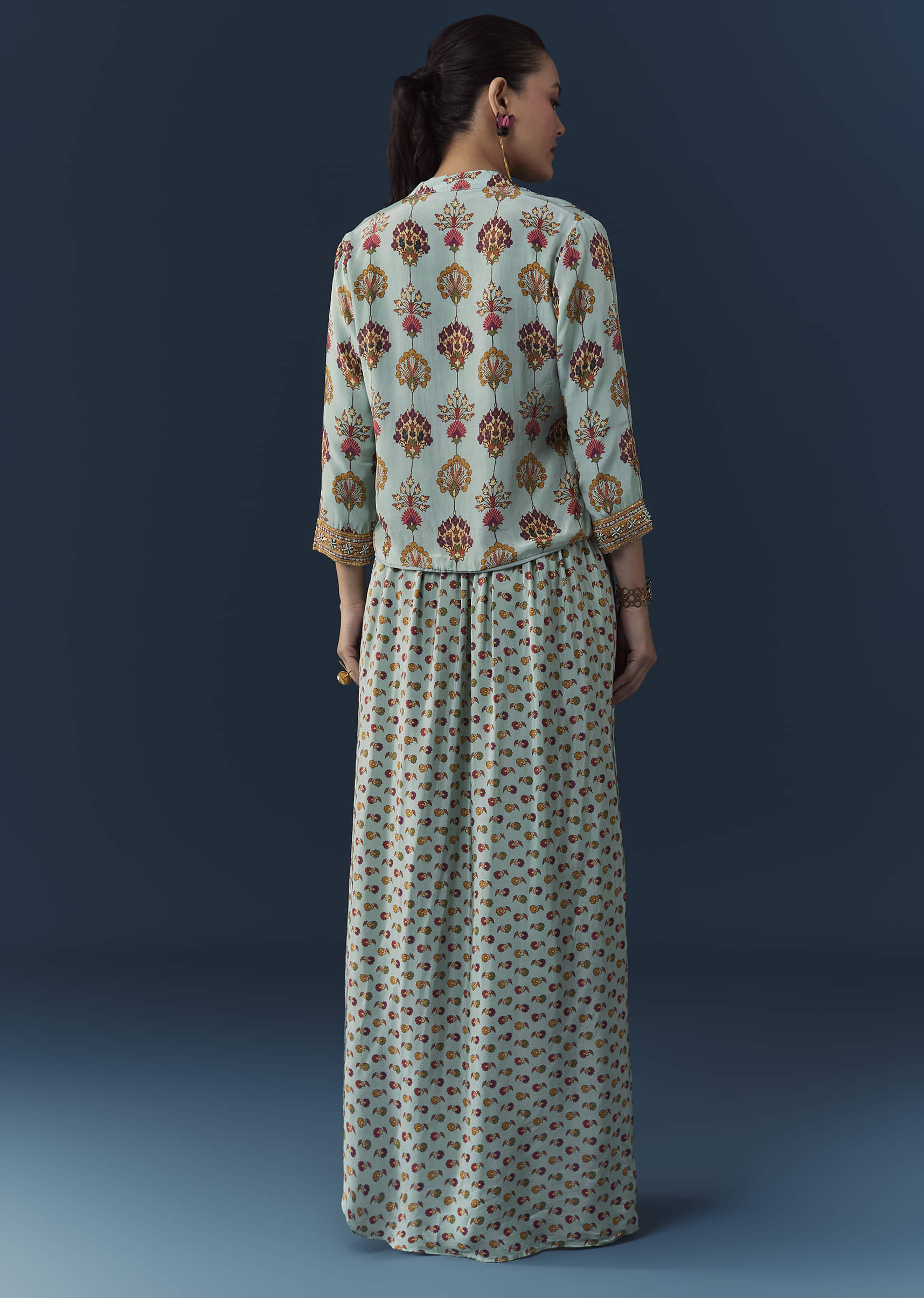 Sky Blue Floral Print Crop Top Skirt Set with Sequins Work Jacket - Image 5